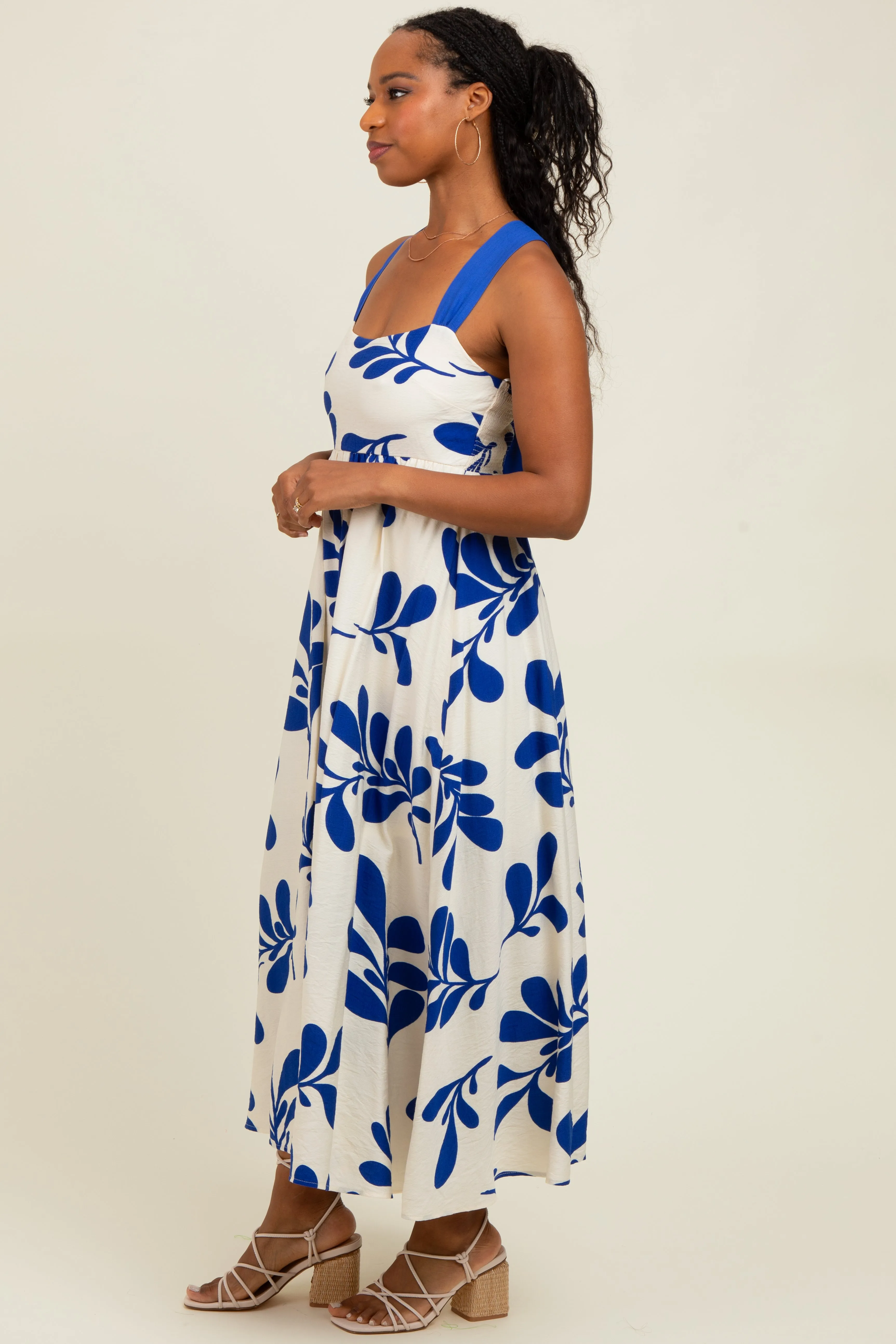Royal Blue Leaf Print Tie Back Cutout Midi Dress sold by Pinkblush product image thumbnail 3