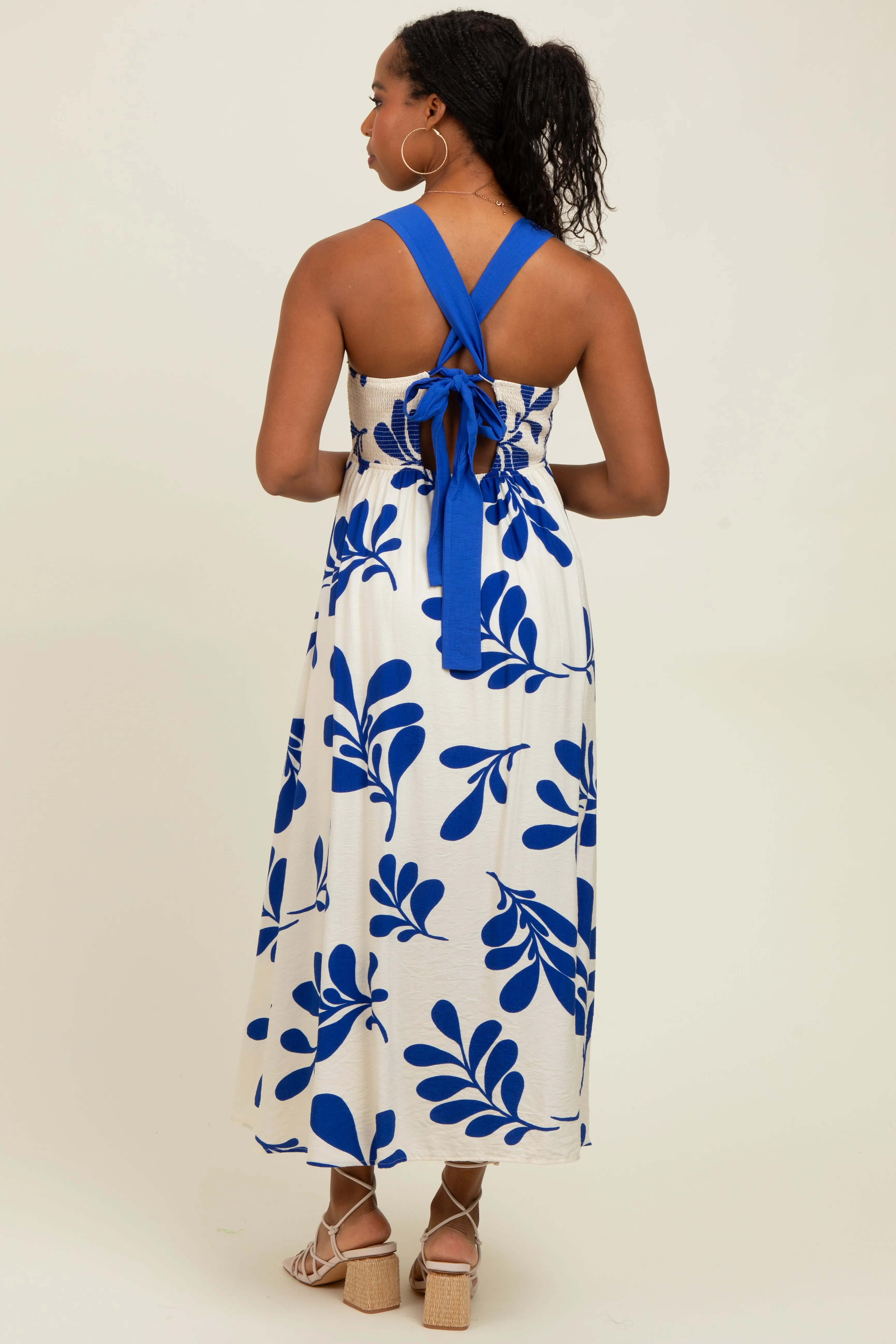 Royal Blue Leaf Print Tie Back Cutout Midi Dress sold by Pinkblush product image thumbnail 4