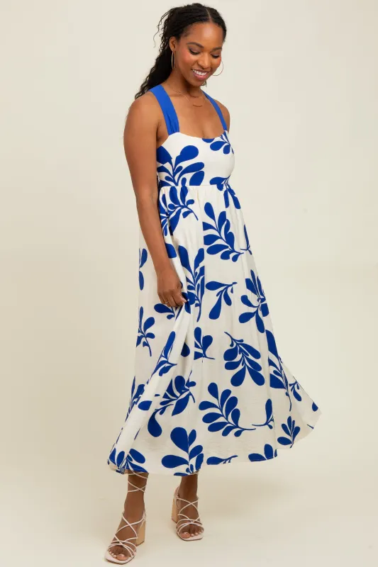Royal Blue Leaf Print Tie Back Cutout Midi Dress sold by Pinkblush
