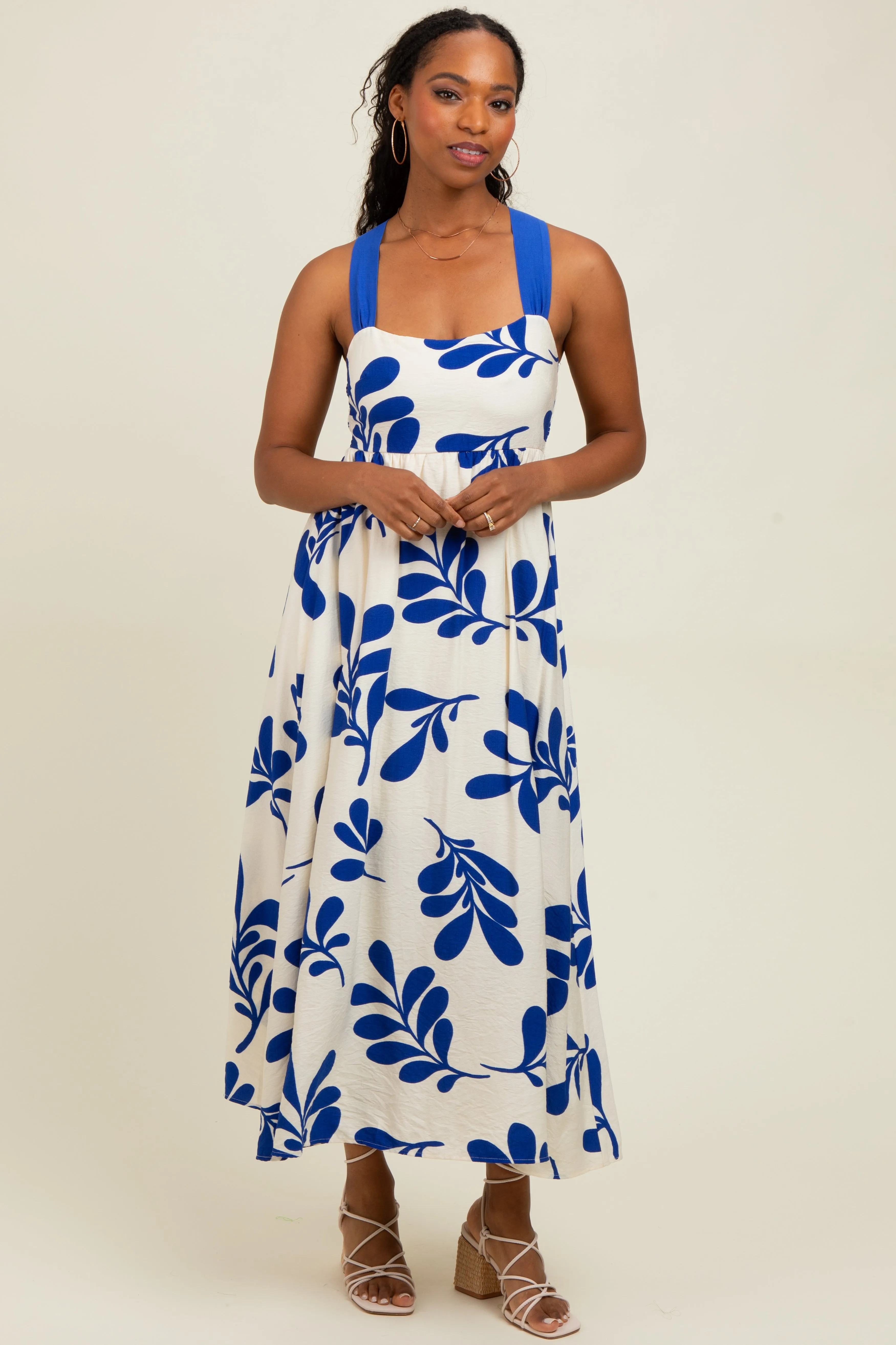 Royal Blue Leaf Print Tie Back Cutout Midi Dress sold by Pinkblush product image thumbnail 2