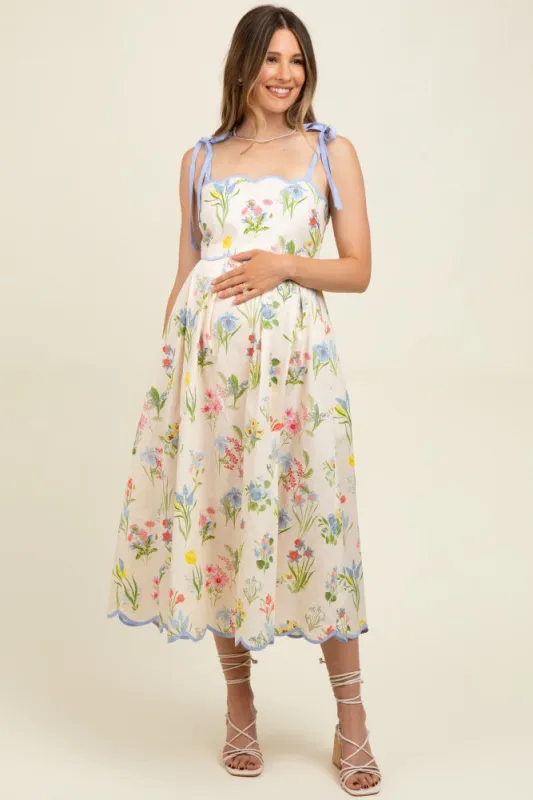 Cream Floral Shoulder Tie Scallop Trim Maternity Midi Dress sold by Pinkblush