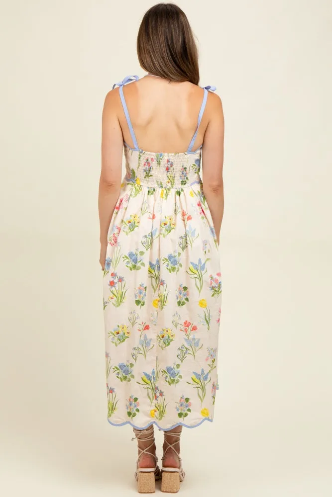 Cream Floral Shoulder Tie Scallop Trim Maternity Midi Dress sold by Pinkblush product image thumbnail 4
