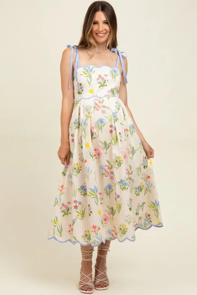 Cream Floral Shoulder Tie Scallop Trim Maternity Midi Dress sold by Pinkblush product image thumbnail 2
