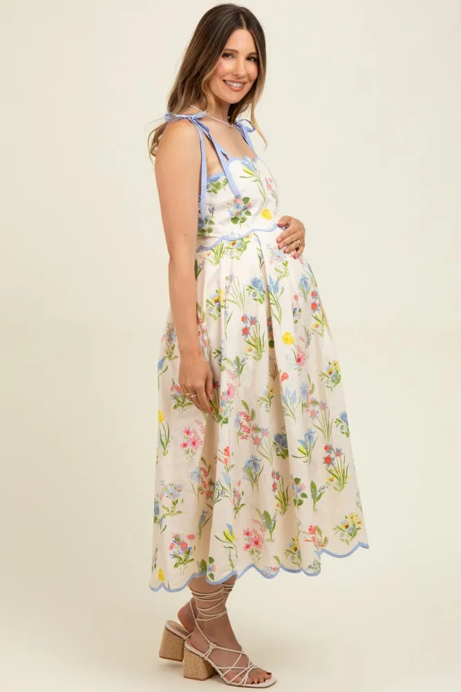 Cream Floral Shoulder Tie Scallop Trim Maternity Midi Dress sold by Pinkblush product image thumbnail 3