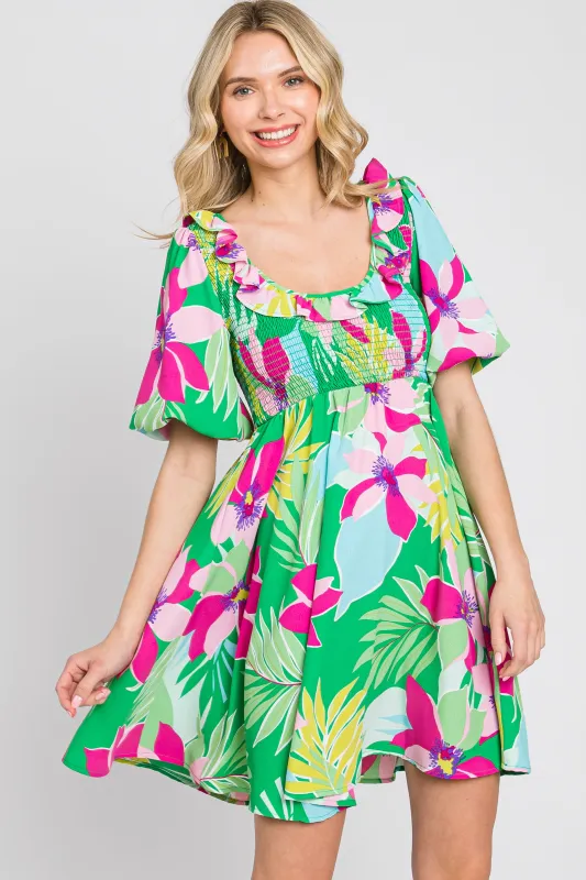Green Floral Smocked Puff Sleeve Dress sold by Pinkblush