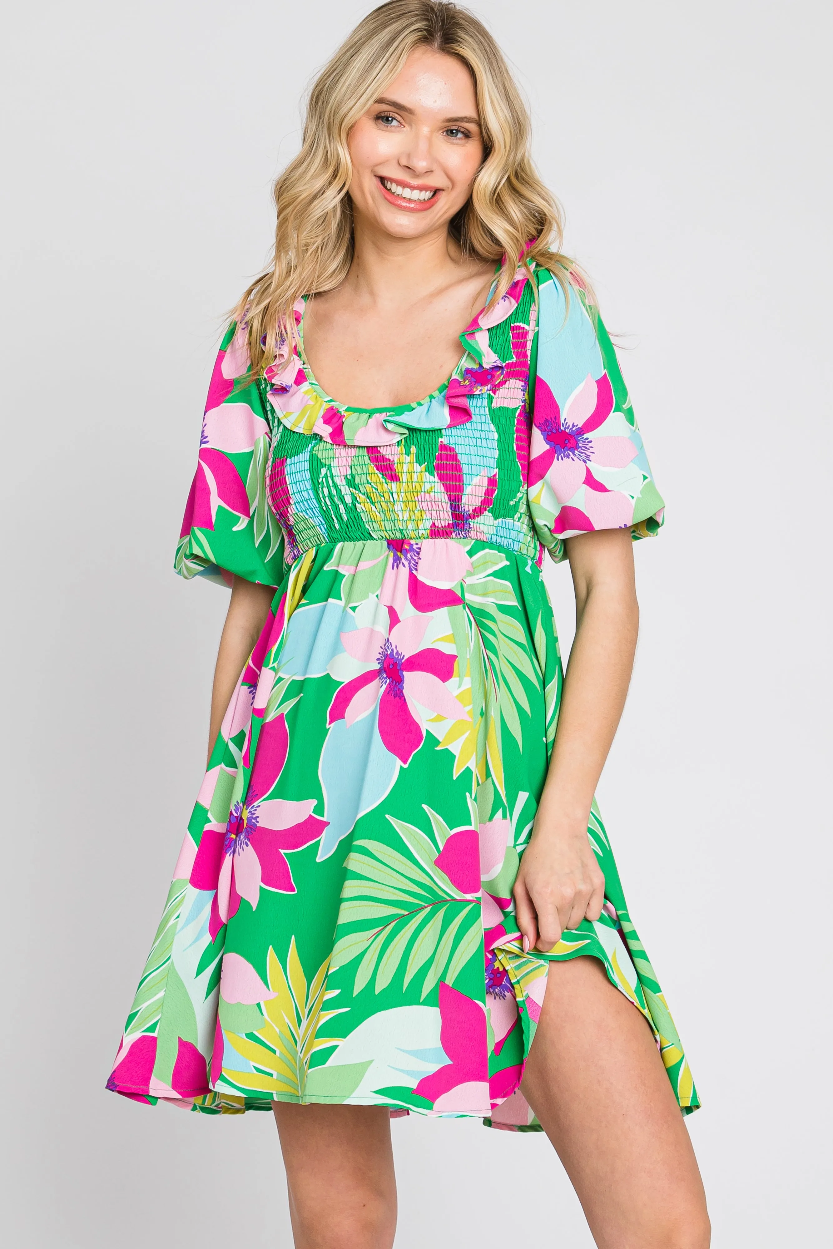 Green Floral Smocked Puff Sleeve Dress sold by Pinkblush product image thumbnail 5