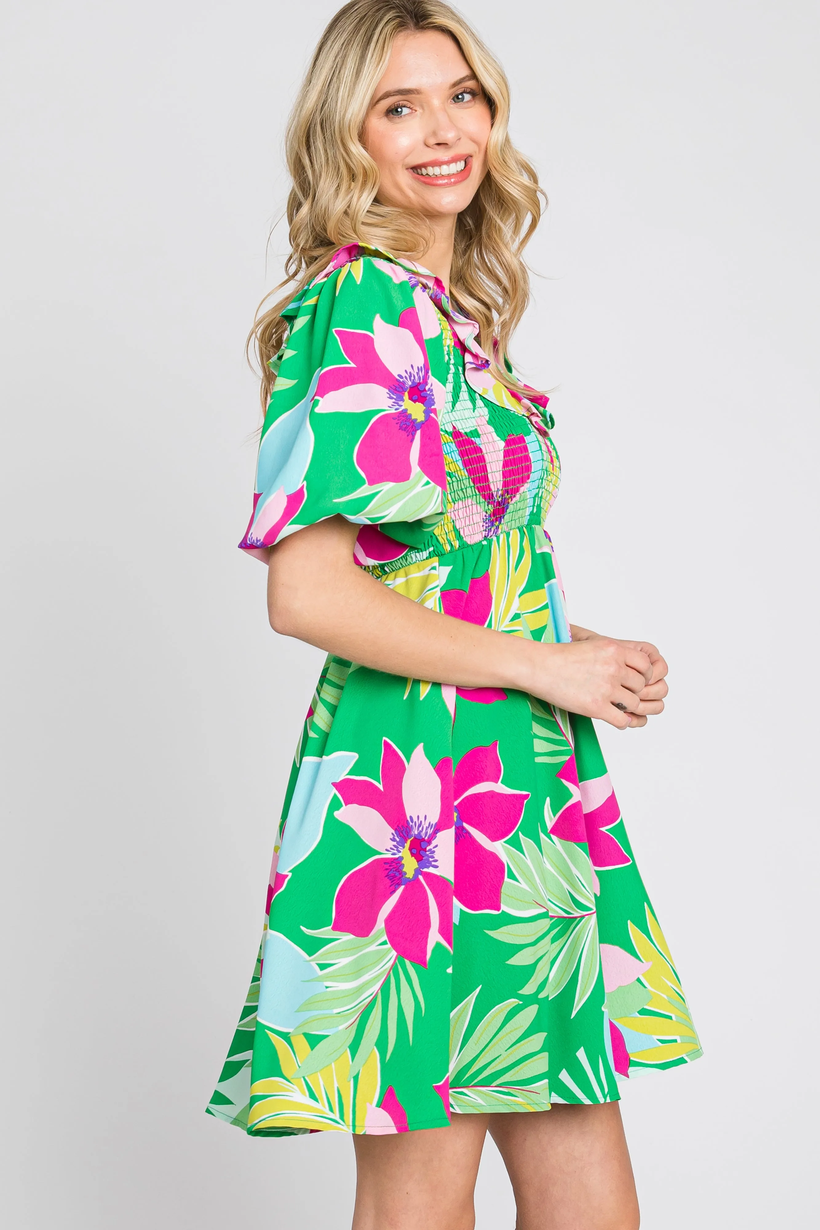 Green Floral Smocked Puff Sleeve Dress sold by Pinkblush product image thumbnail 2