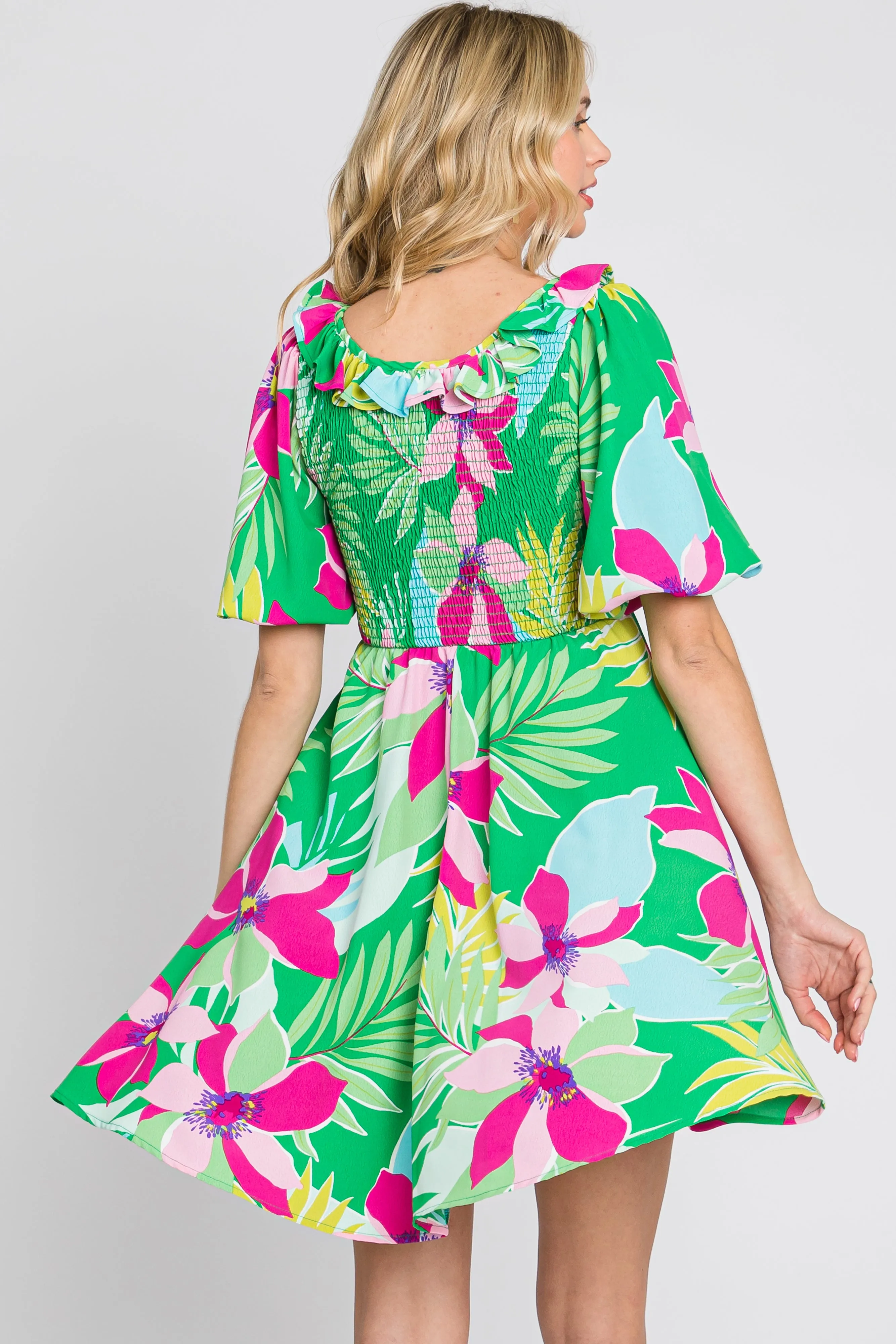 Green Floral Smocked Puff Sleeve Dress sold by Pinkblush product image thumbnail 3