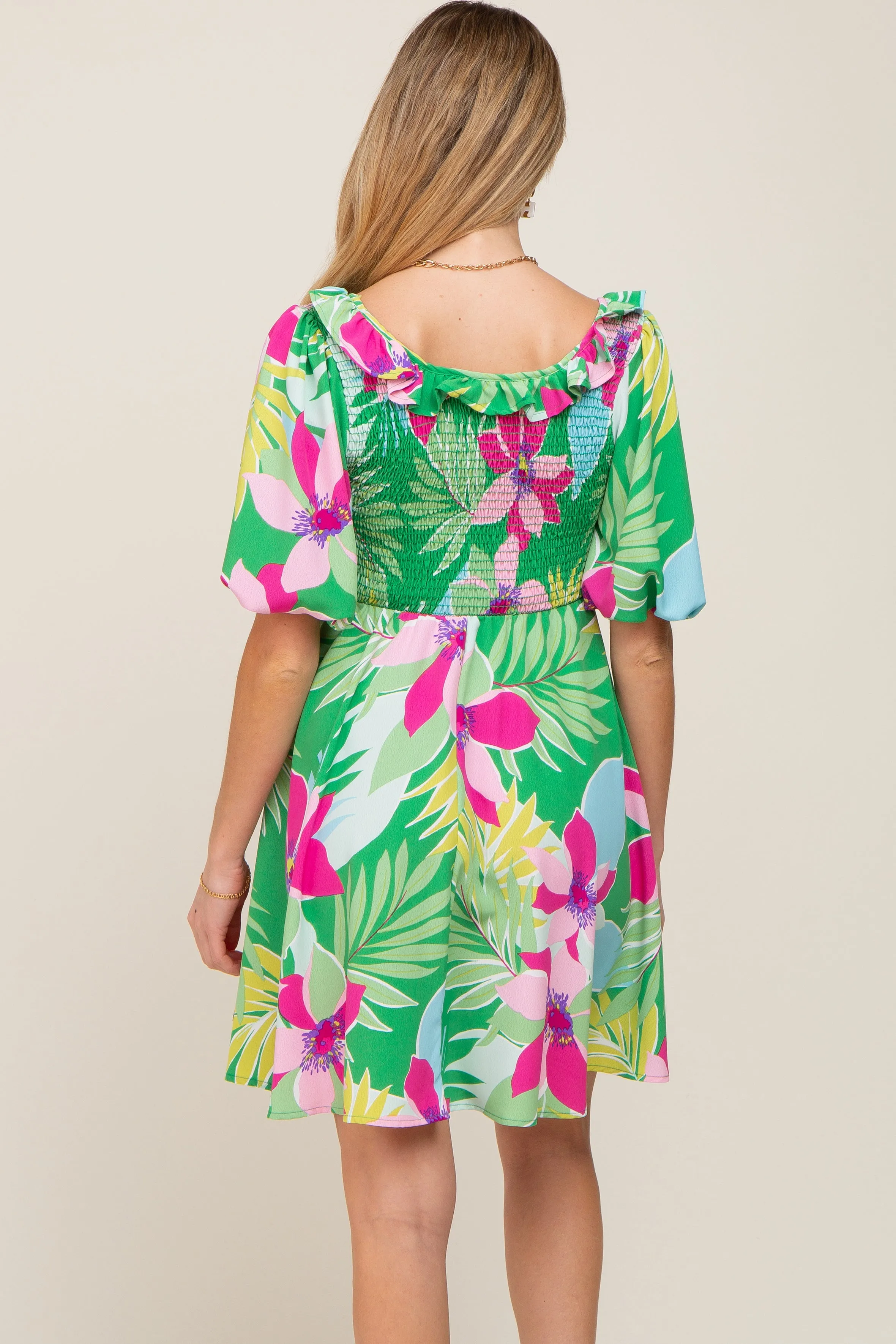 Green Floral Smocked Puff Sleeve Maternity Dress sold by Pinkblush product image thumbnail 4