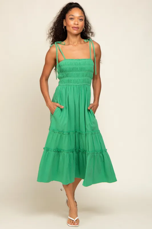 Green Sleeveless Tiered Midi Dress sold by Pinkblush