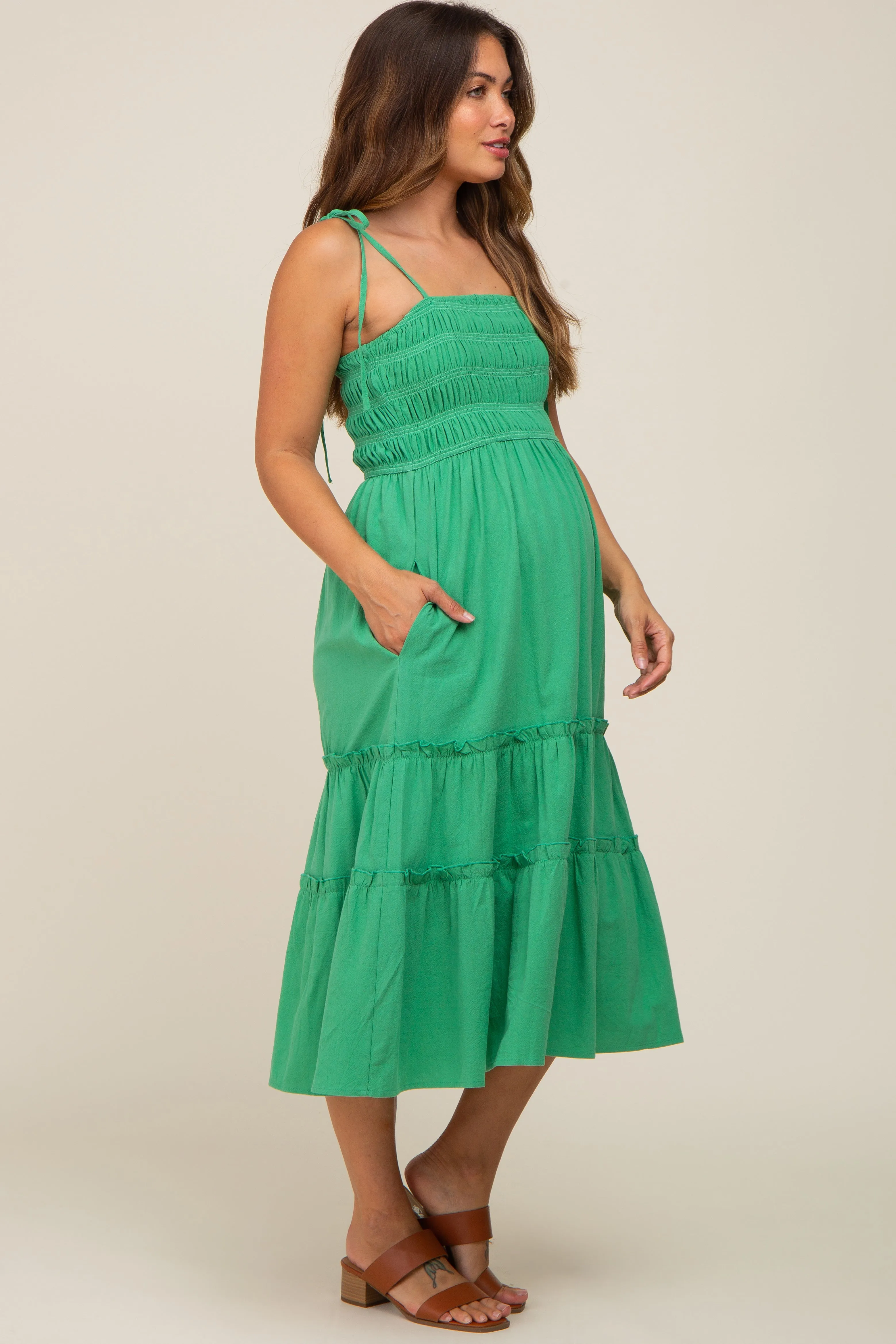 Green Sleeveless Tiered Maternity Midi Dress sold by Pinkblush product image thumbnail 2