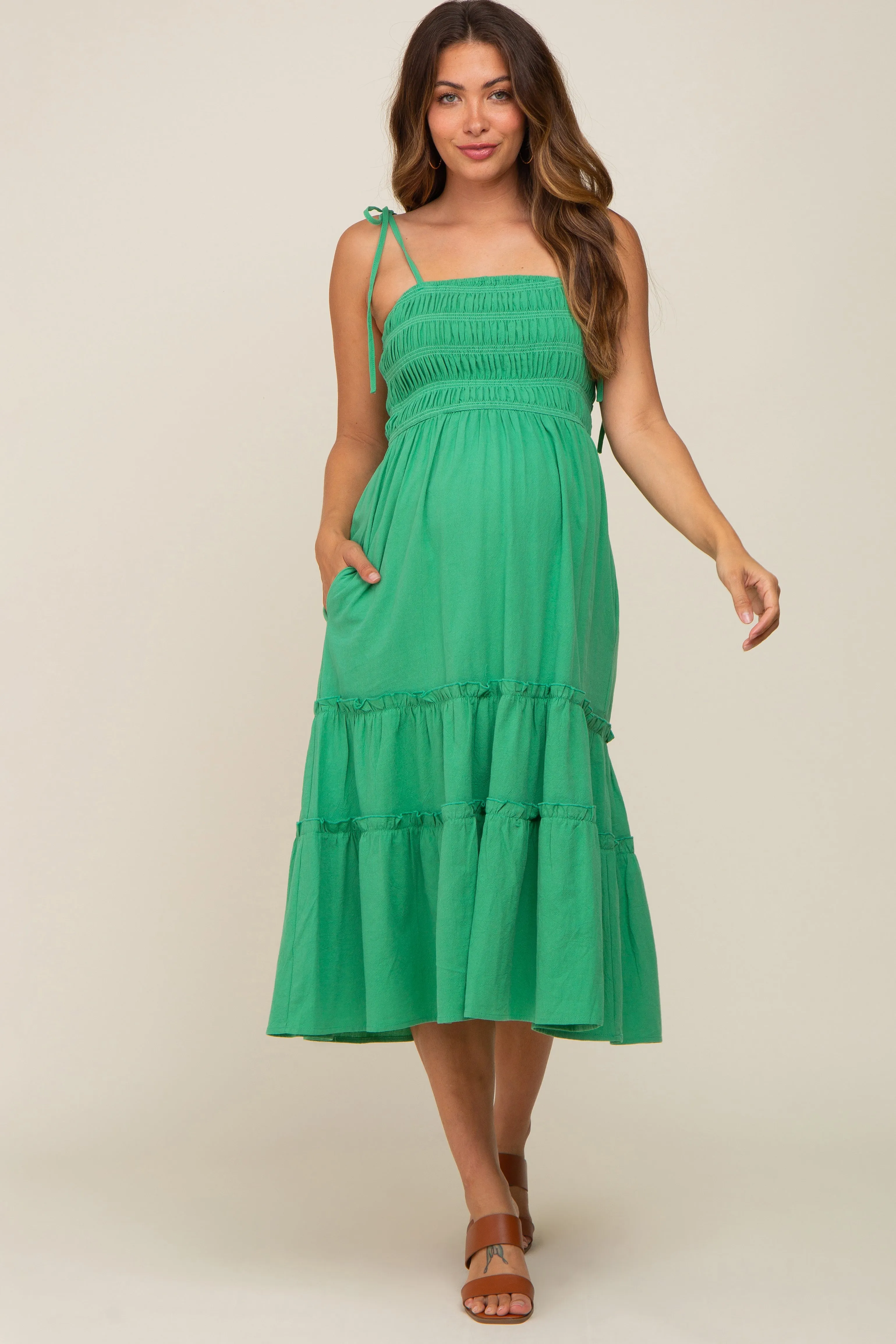 Green Sleeveless Tiered Maternity Midi Dress sold by Pinkblush