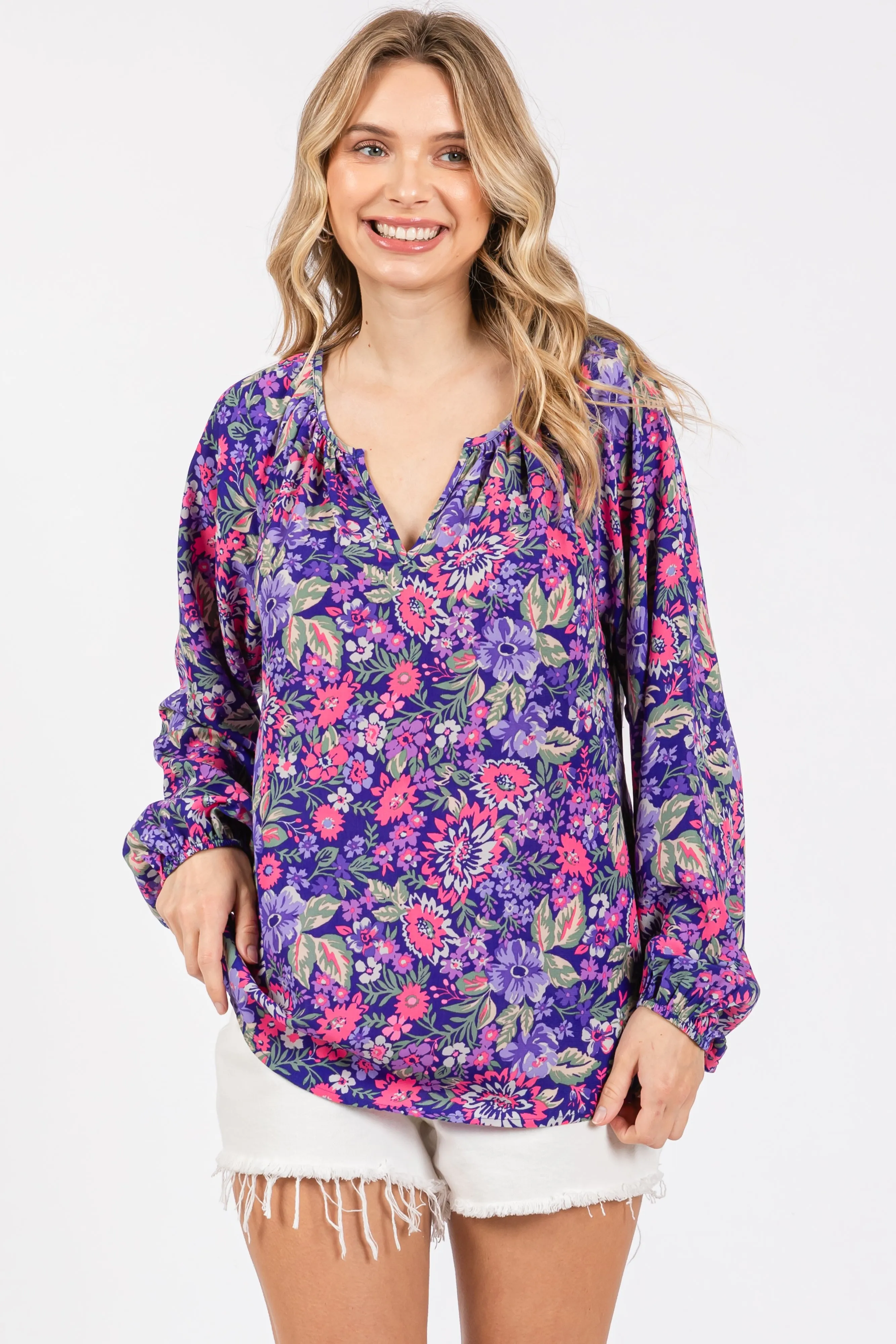 Purple Floral Long Sleeve Blouse sold by Pinkblush