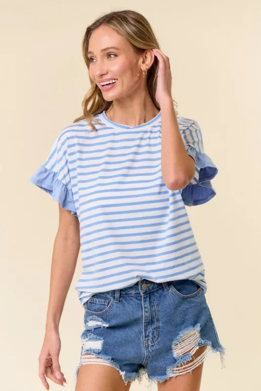 Light Blue Striped Ruffle Sleeve Top made by Pinkblush