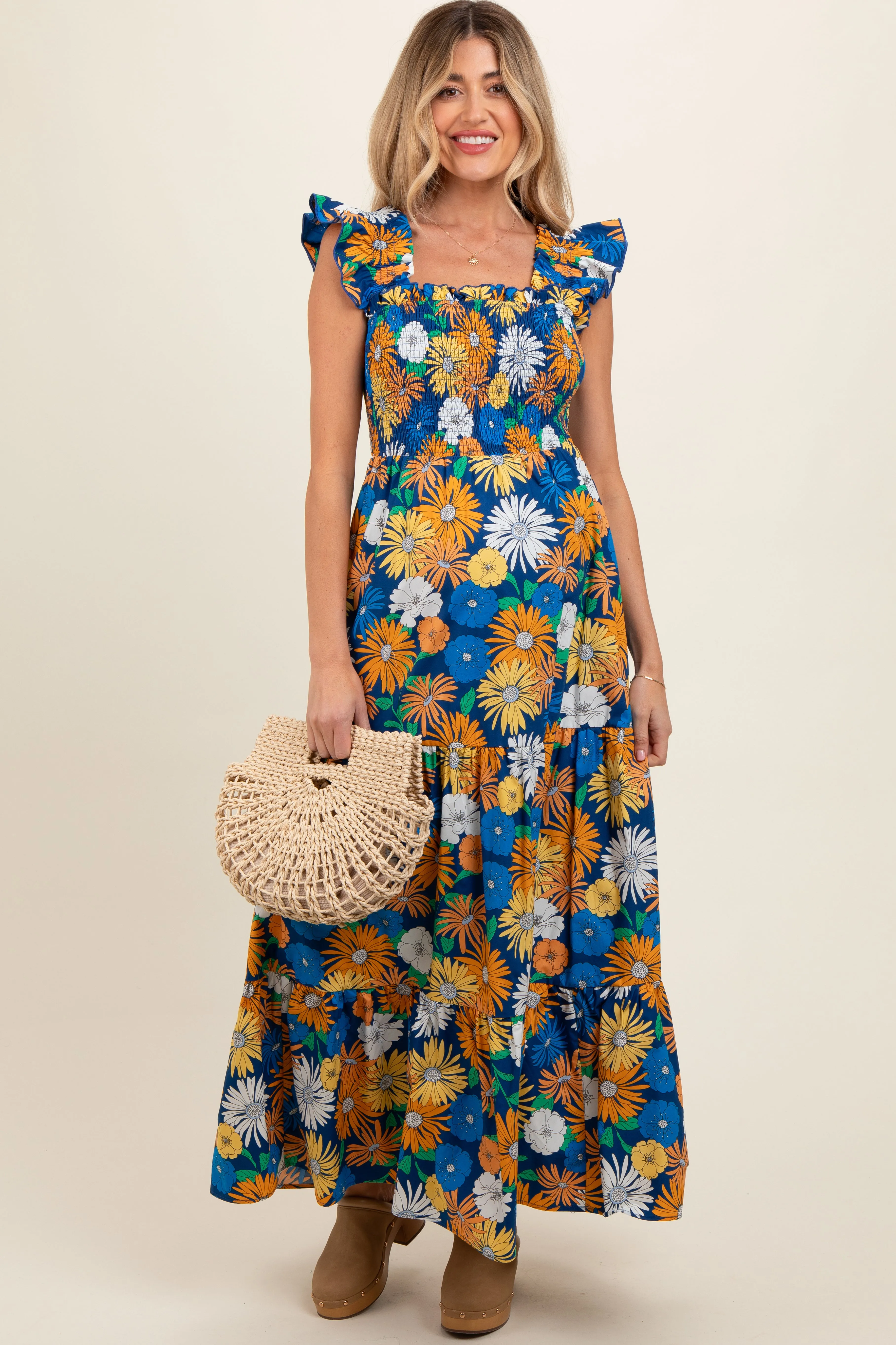 Blue Floral Smocked Tiered Maternity Maxi Dress sold by Pinkblush product image thumbnail 2
