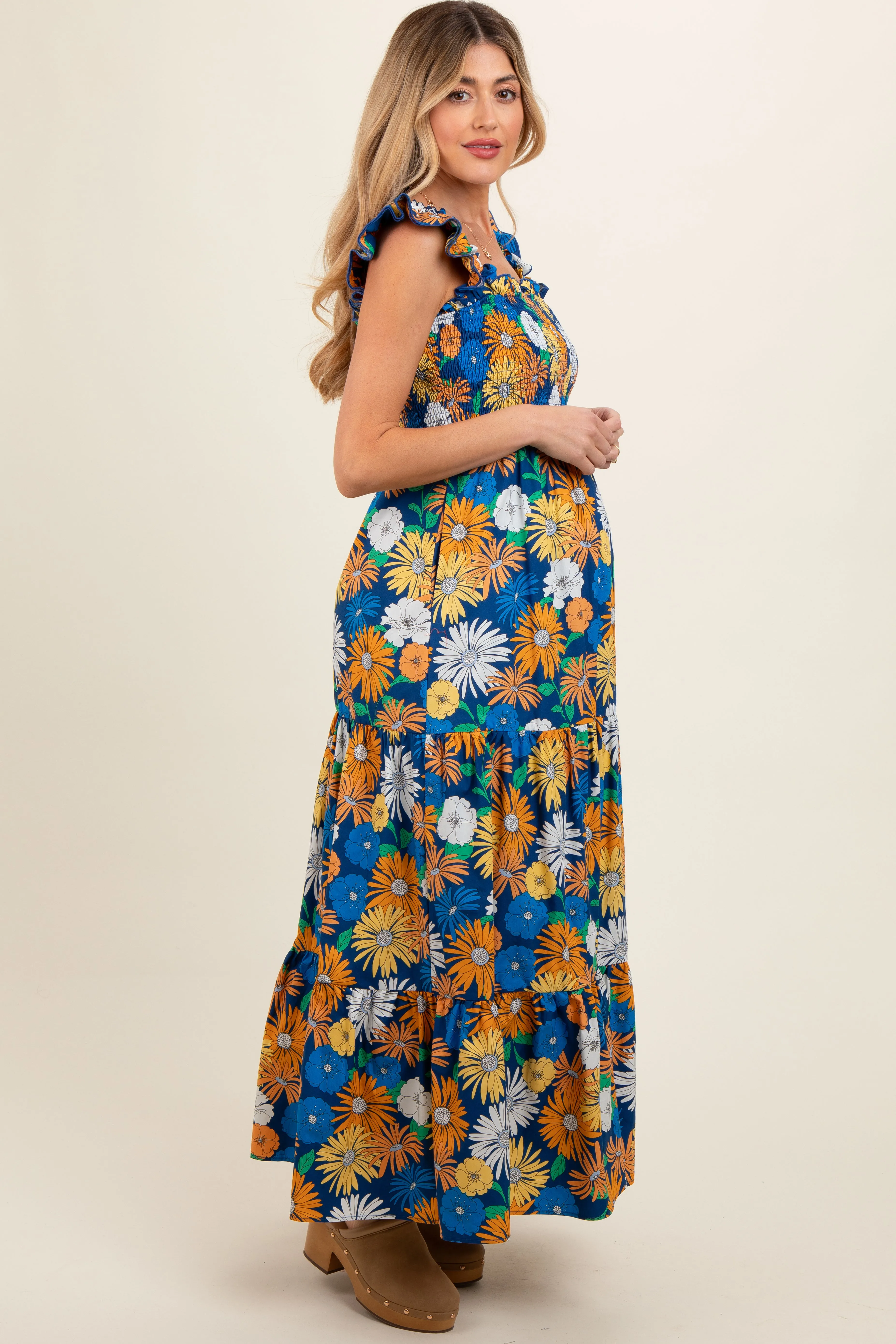 Blue Floral Smocked Tiered Maternity Maxi Dress sold by Pinkblush product image thumbnail 3