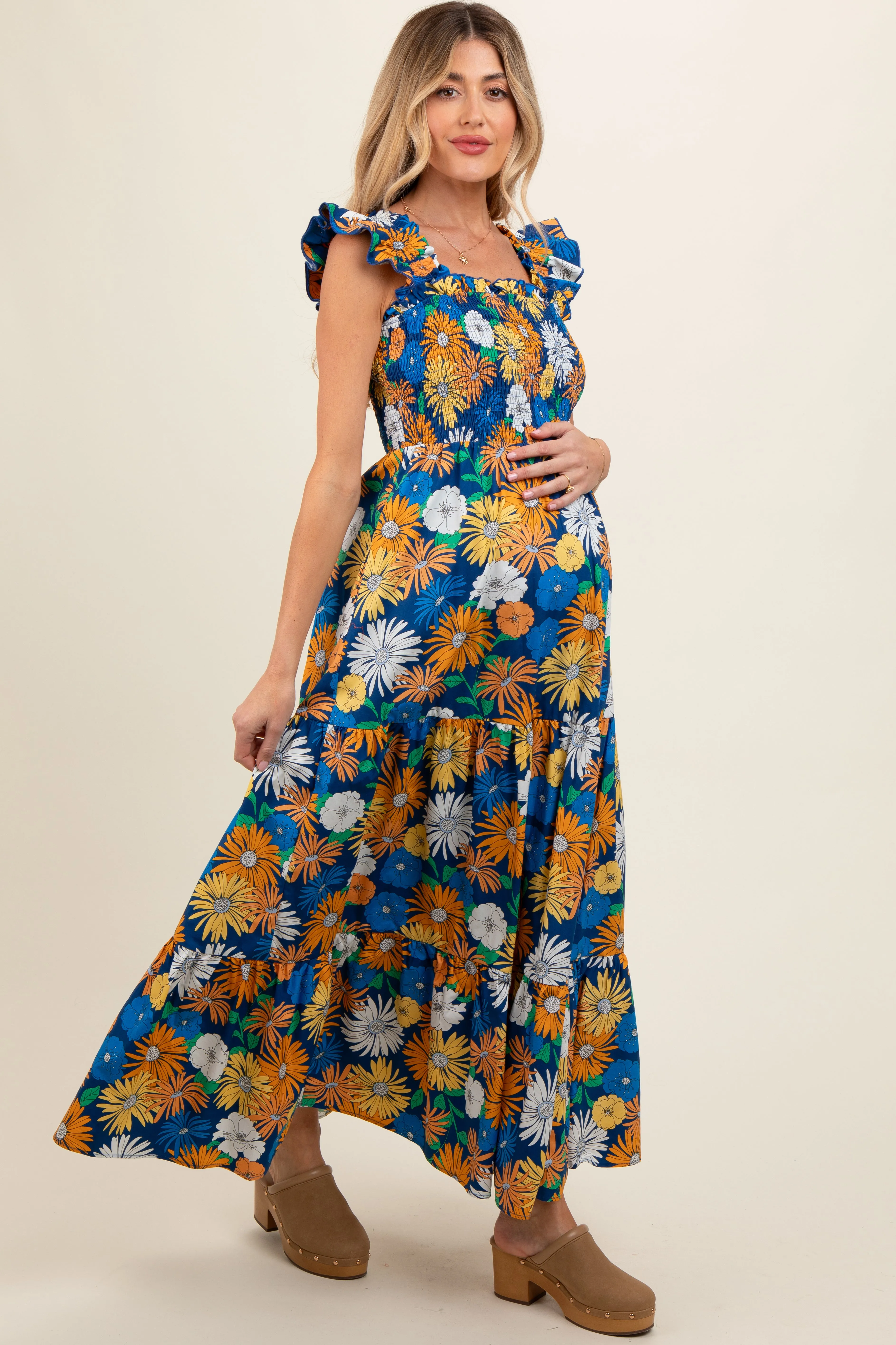 Blue Floral Smocked Tiered Maternity Maxi Dress sold by Pinkblush product image thumbnail 4