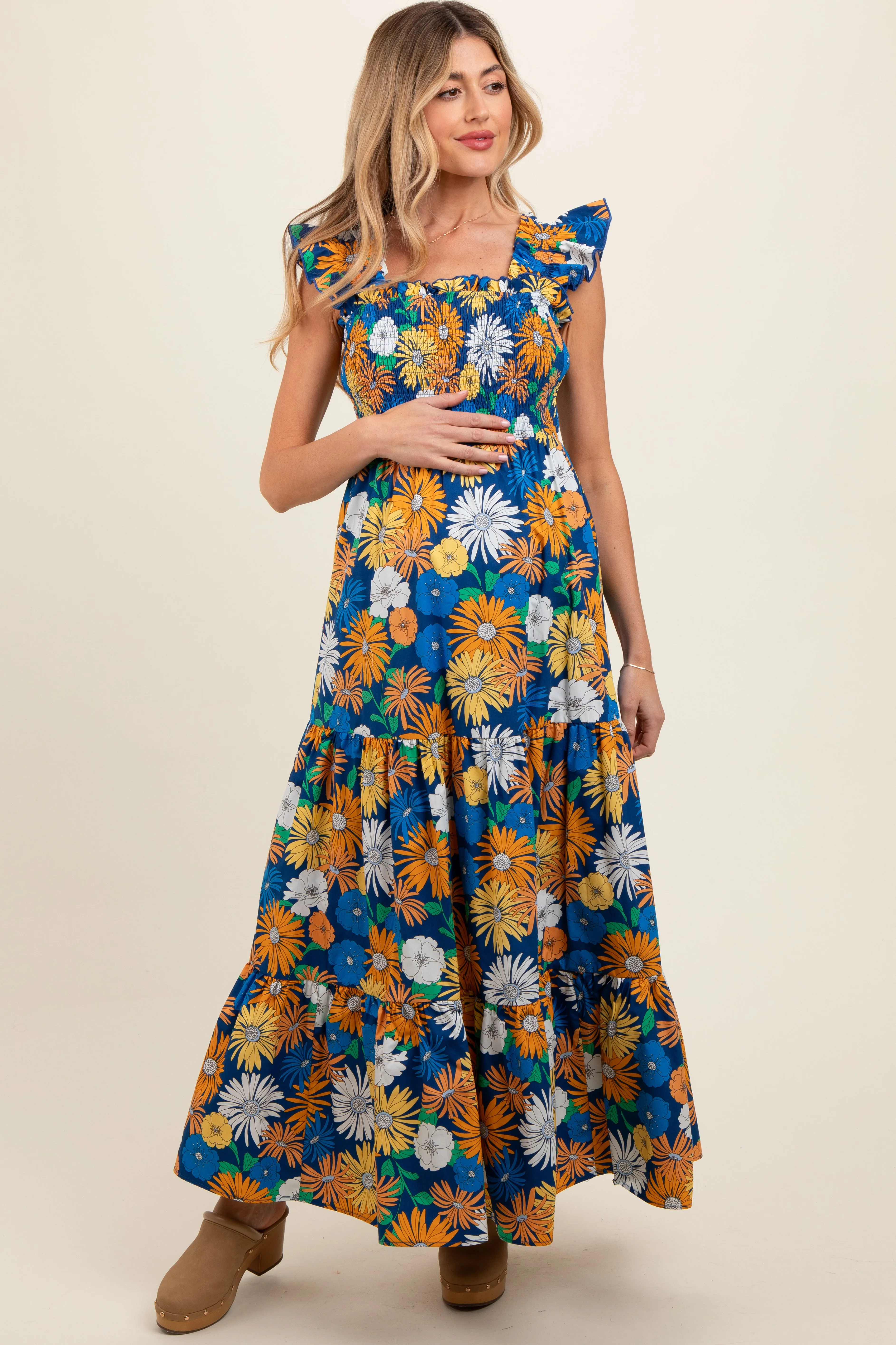 Blue Floral Smocked Tiered Maternity Maxi Dress sold by Pinkblush