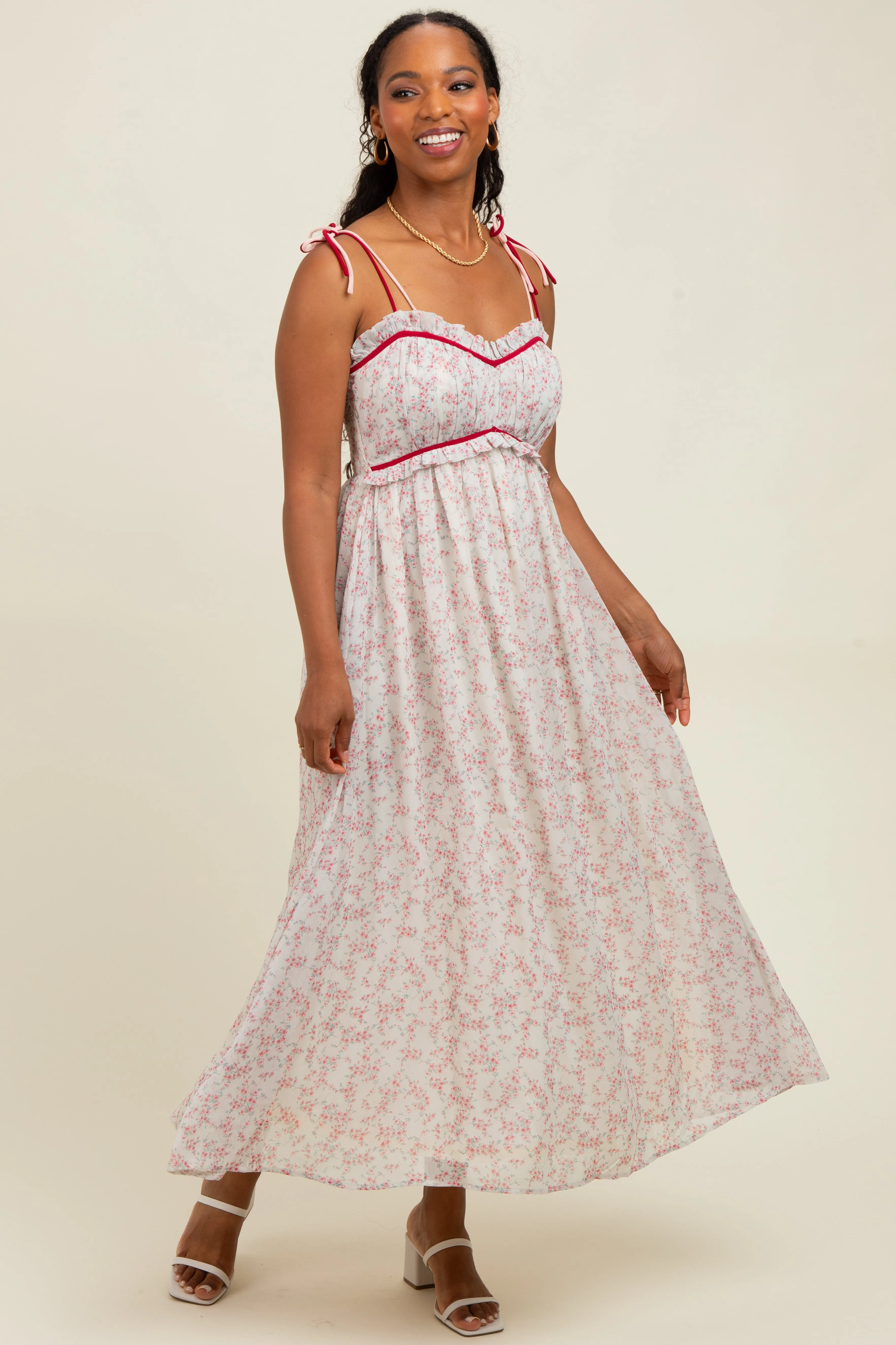 Pink Floral Ruffle Detail Shoulder Tie Midi Dress sold by Pinkblush product image thumbnail 2