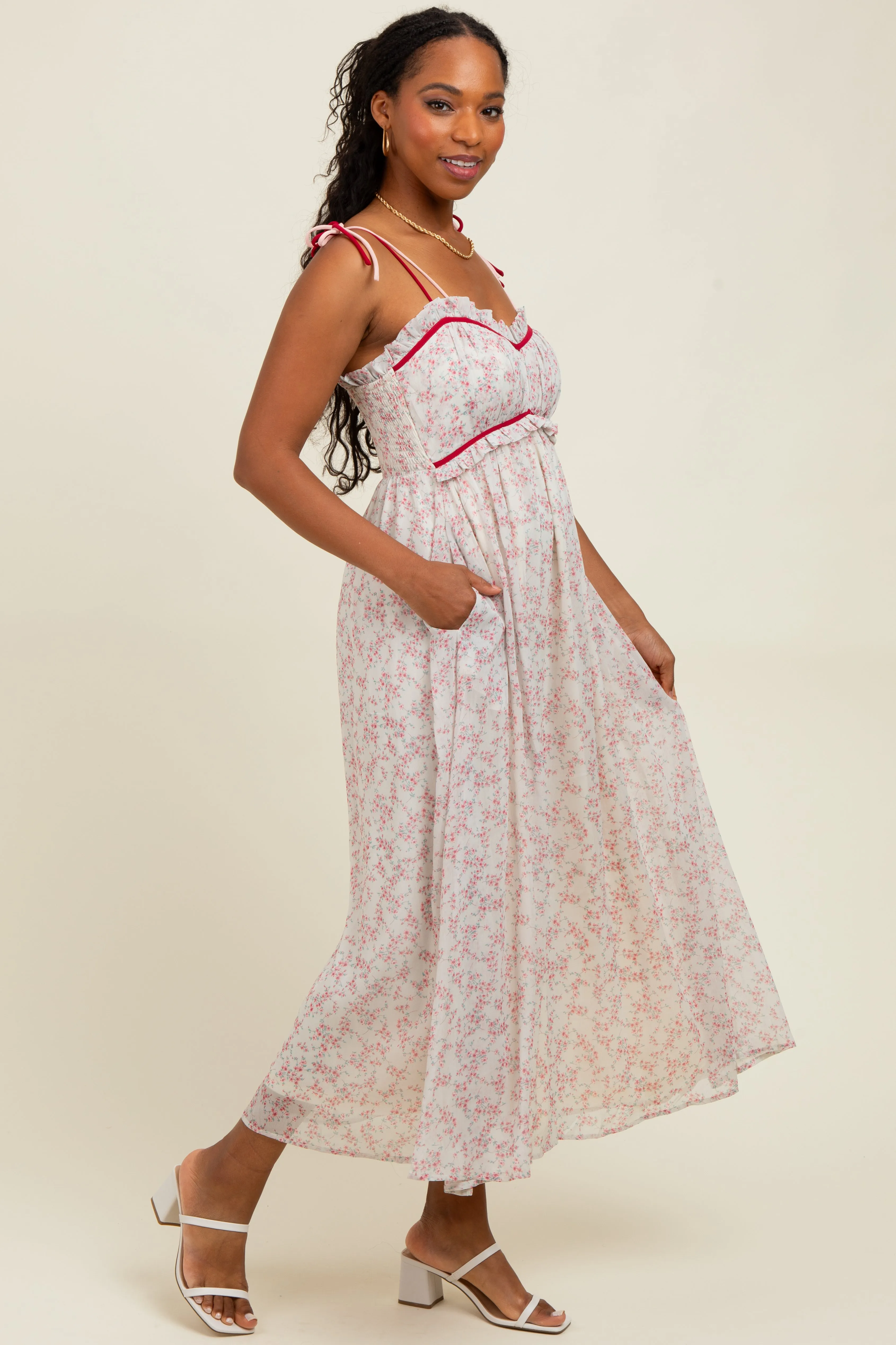 Pink Floral Ruffle Detail Shoulder Tie Midi Dress sold by Pinkblush product image thumbnail 3