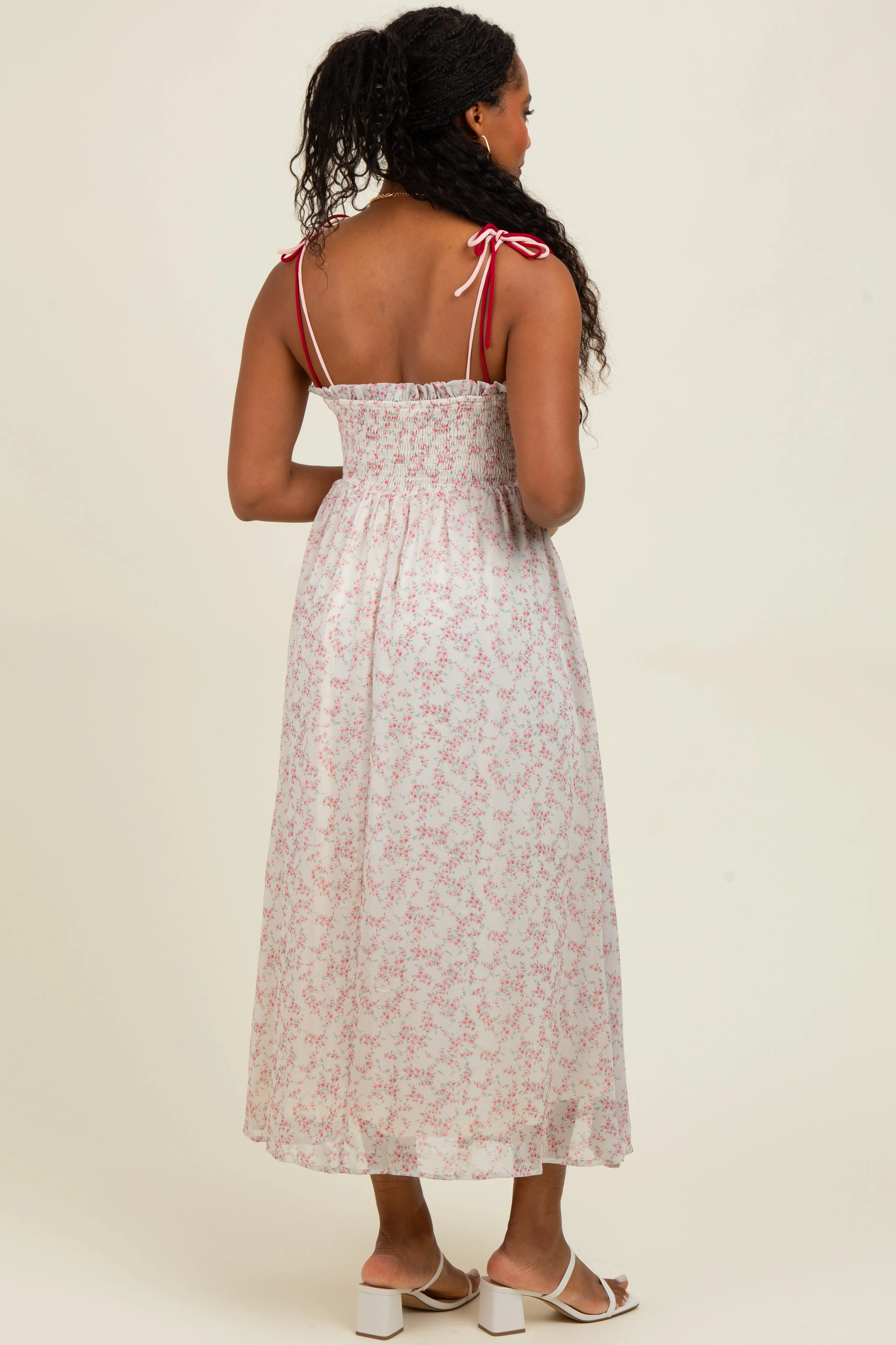 Pink Floral Ruffle Detail Shoulder Tie Midi Dress sold by Pinkblush product image thumbnail 4