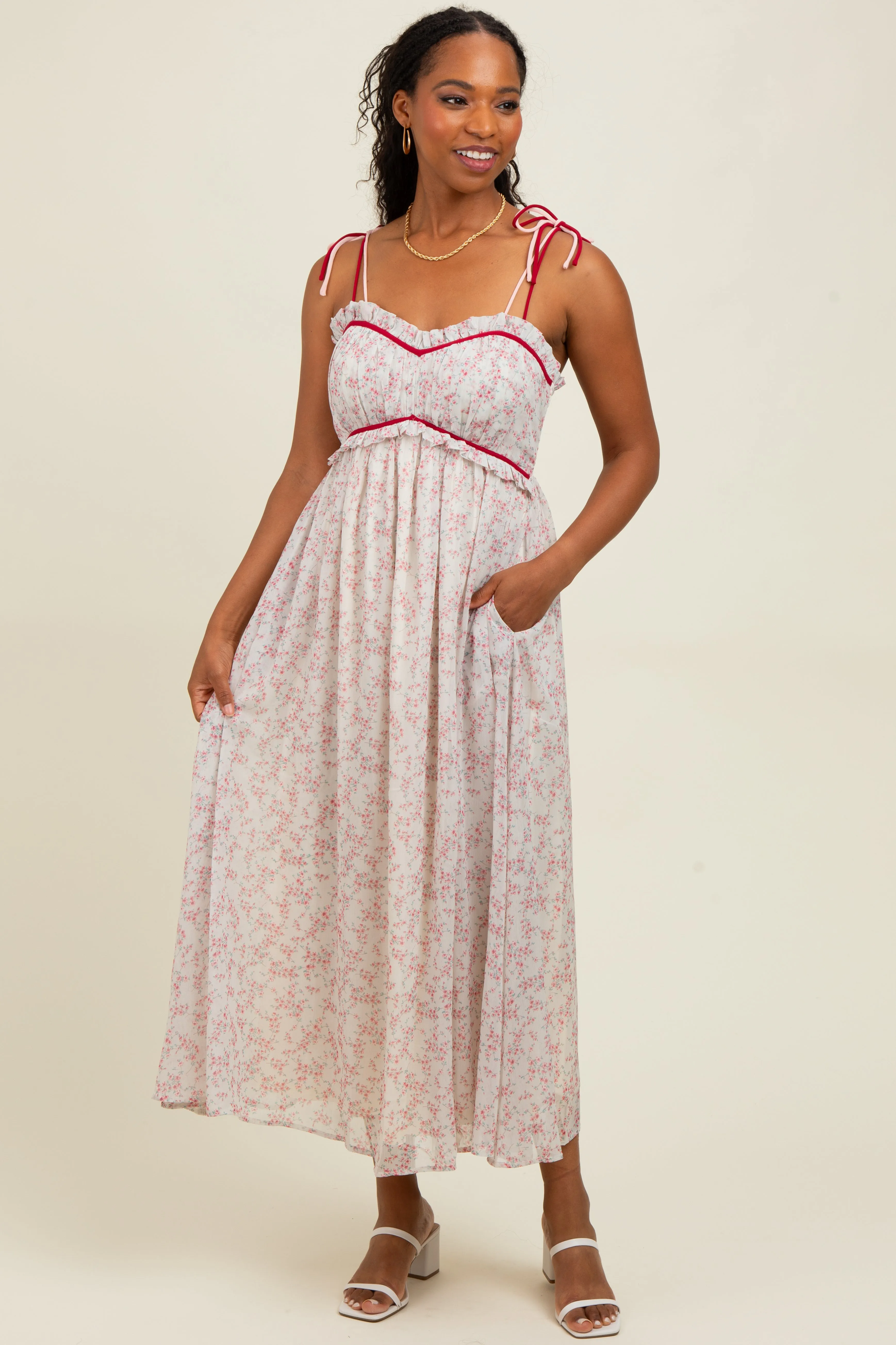 Pink Floral Ruffle Detail Shoulder Tie Midi Dress sold by Pinkblush