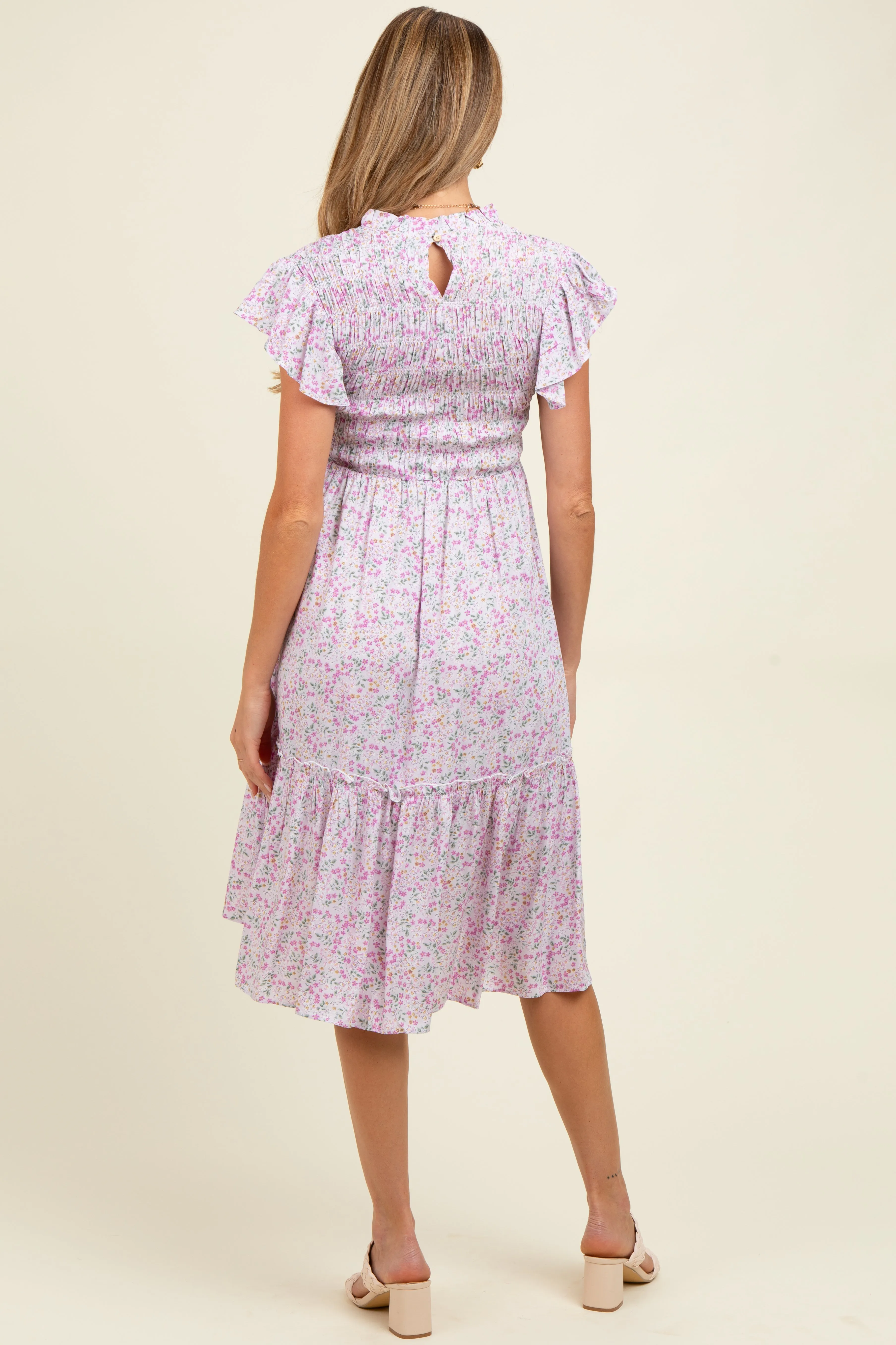 Pink Floral Mock Neck Smocked Ruffe Sleeve Maternity Midi Dress sold by Pinkblush product image thumbnail 4