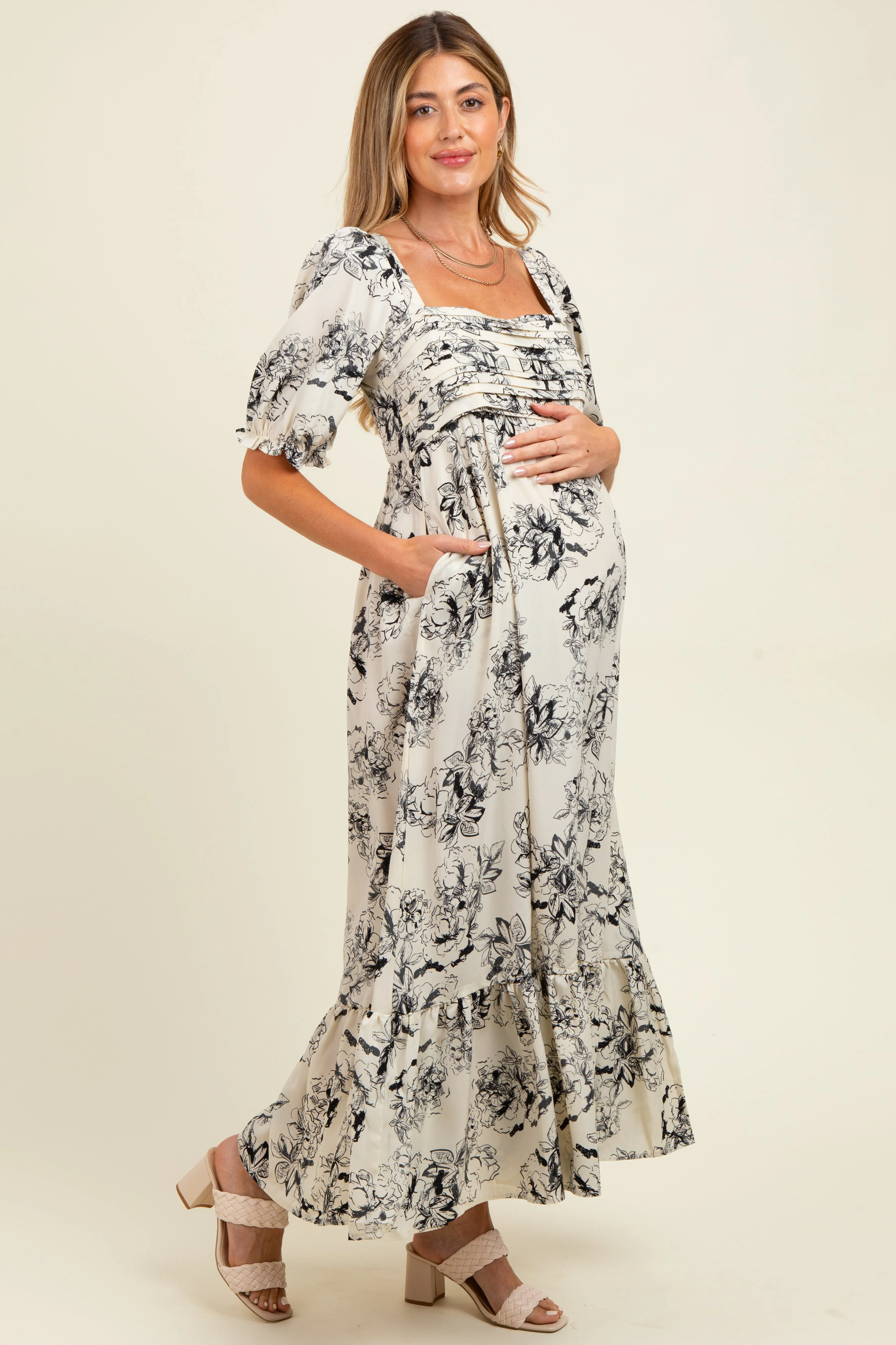 Ivory Rose Print Pleated Bodice Maternity Maxi Dress sold by Pinkblush product image thumbnail 3