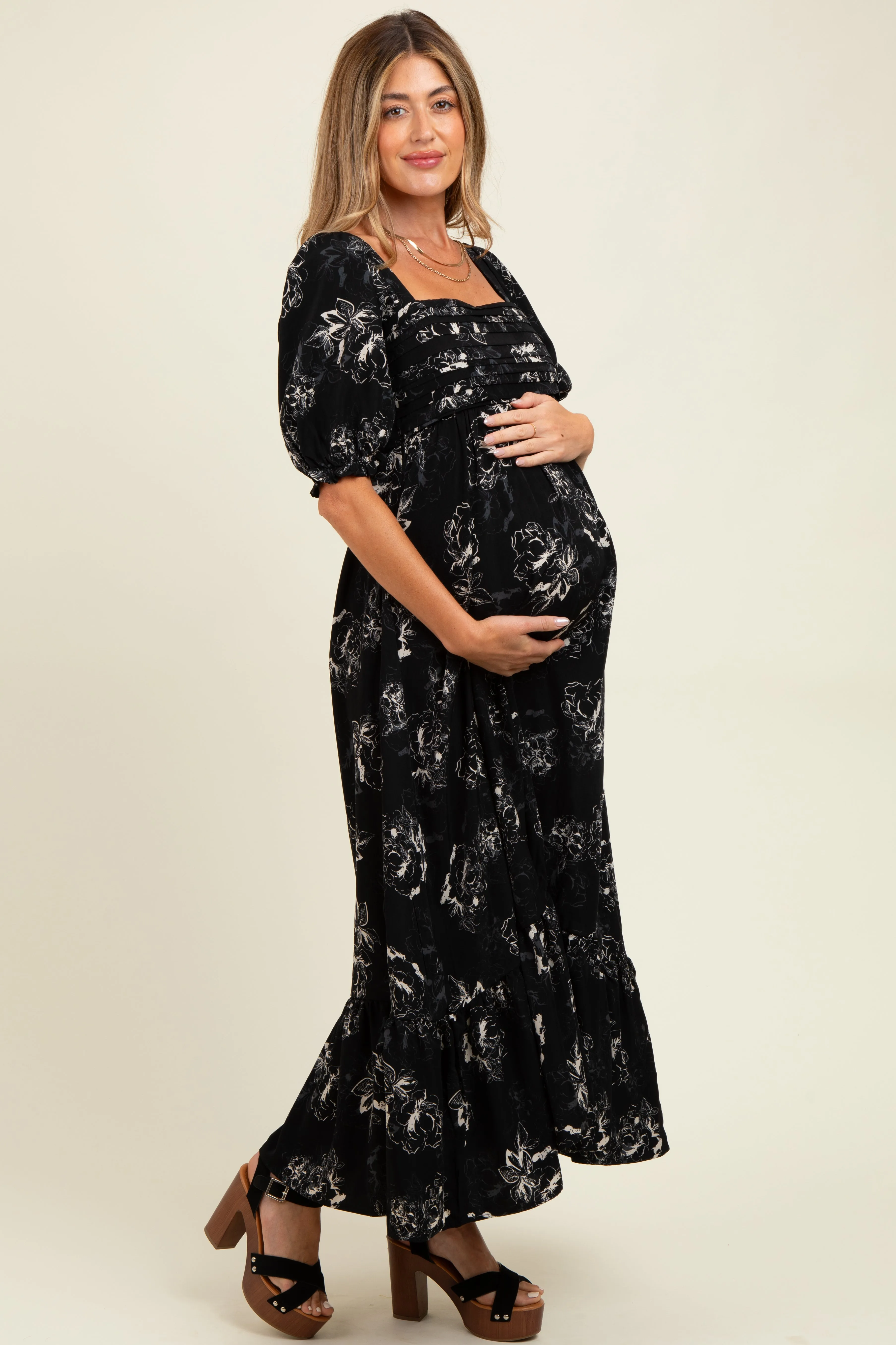 Black Rose Print Pleated Bodice Maternity Maxi Dress sold by Pinkblush product image thumbnail 2