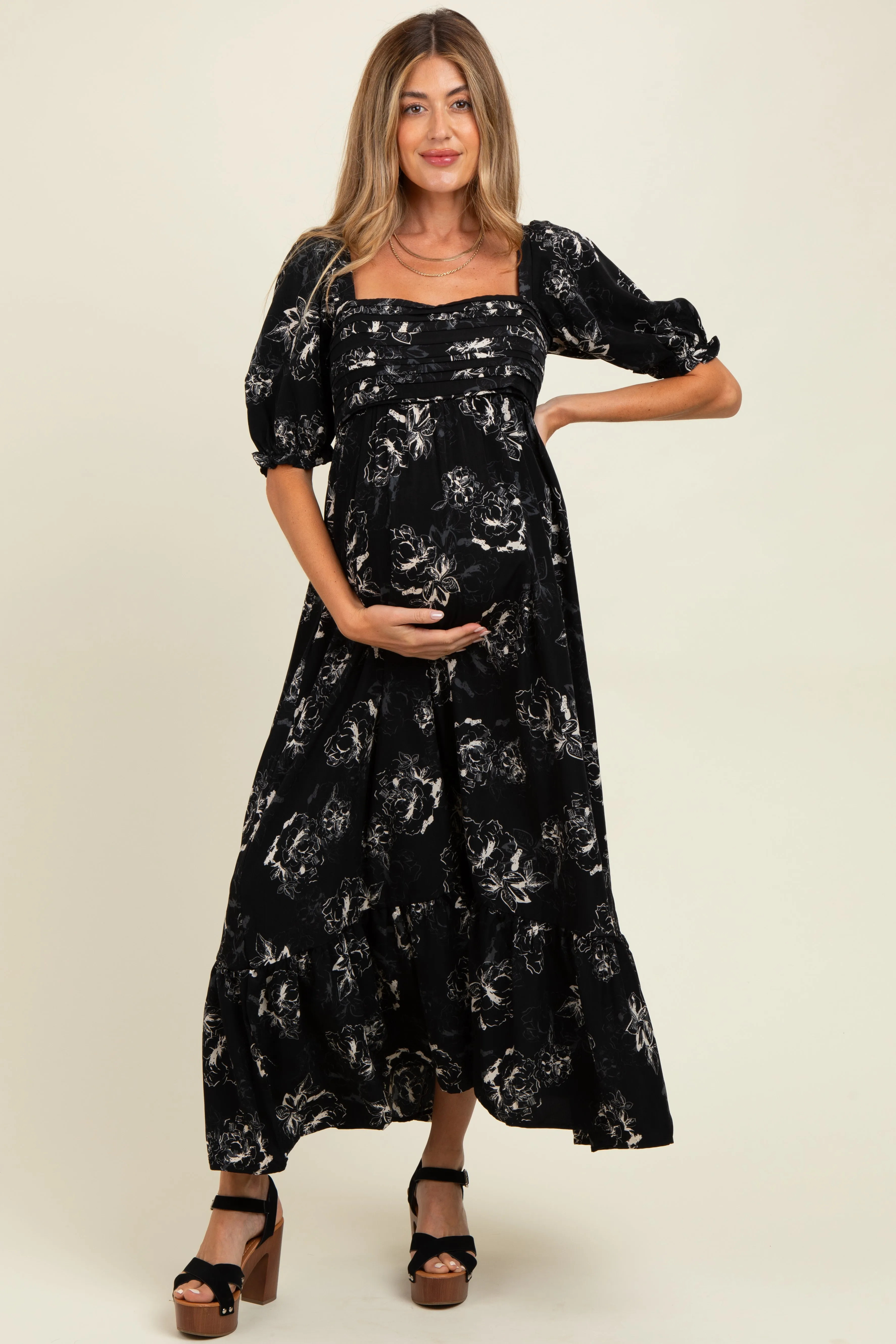 Black Rose Print Pleated Bodice Maternity Maxi Dress sold by Pinkblush