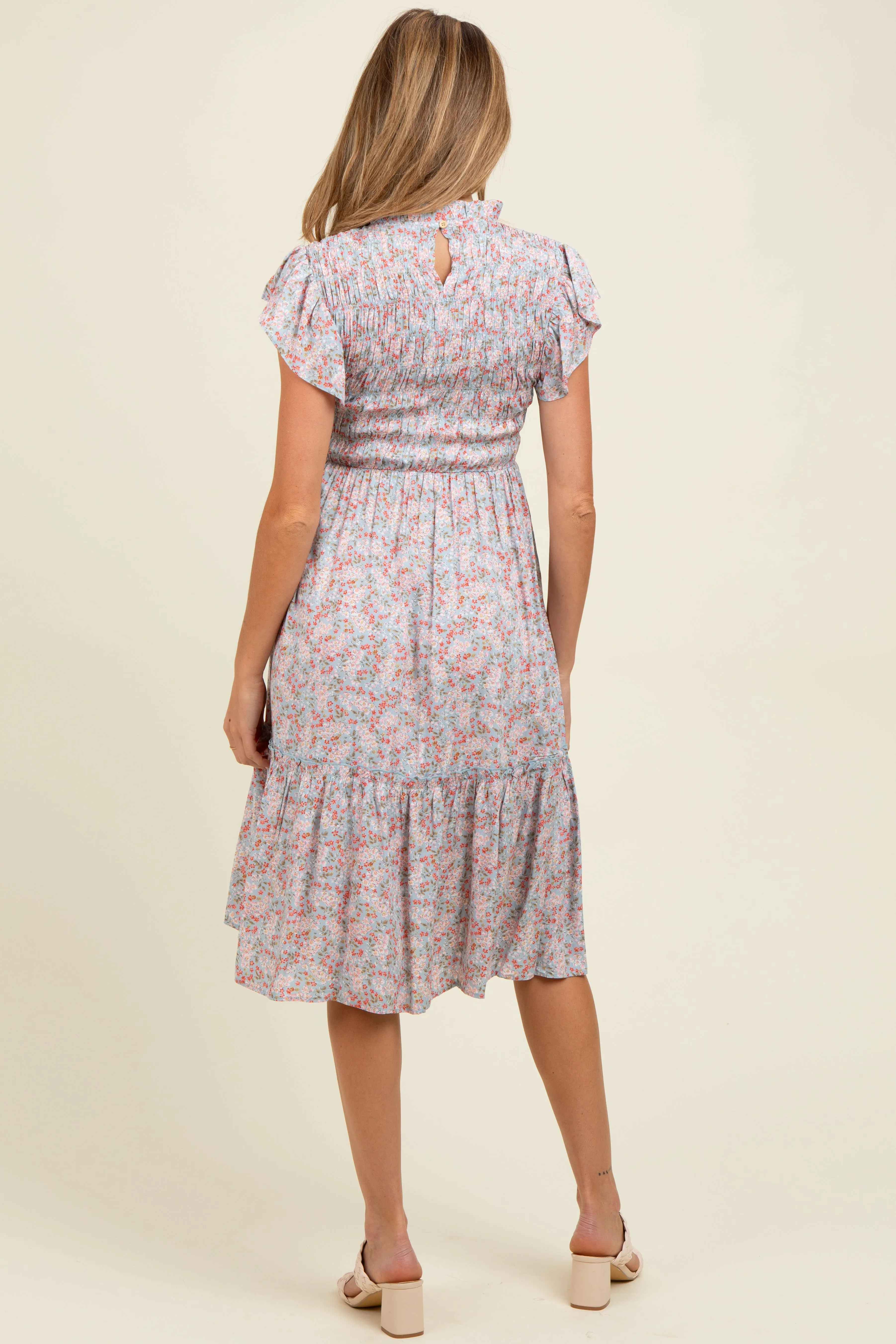 Light Blue Floral Mock Neck Smocked Ruffe Sleeve Maternity Midi Dress sold by Pinkblush product image thumbnail 3