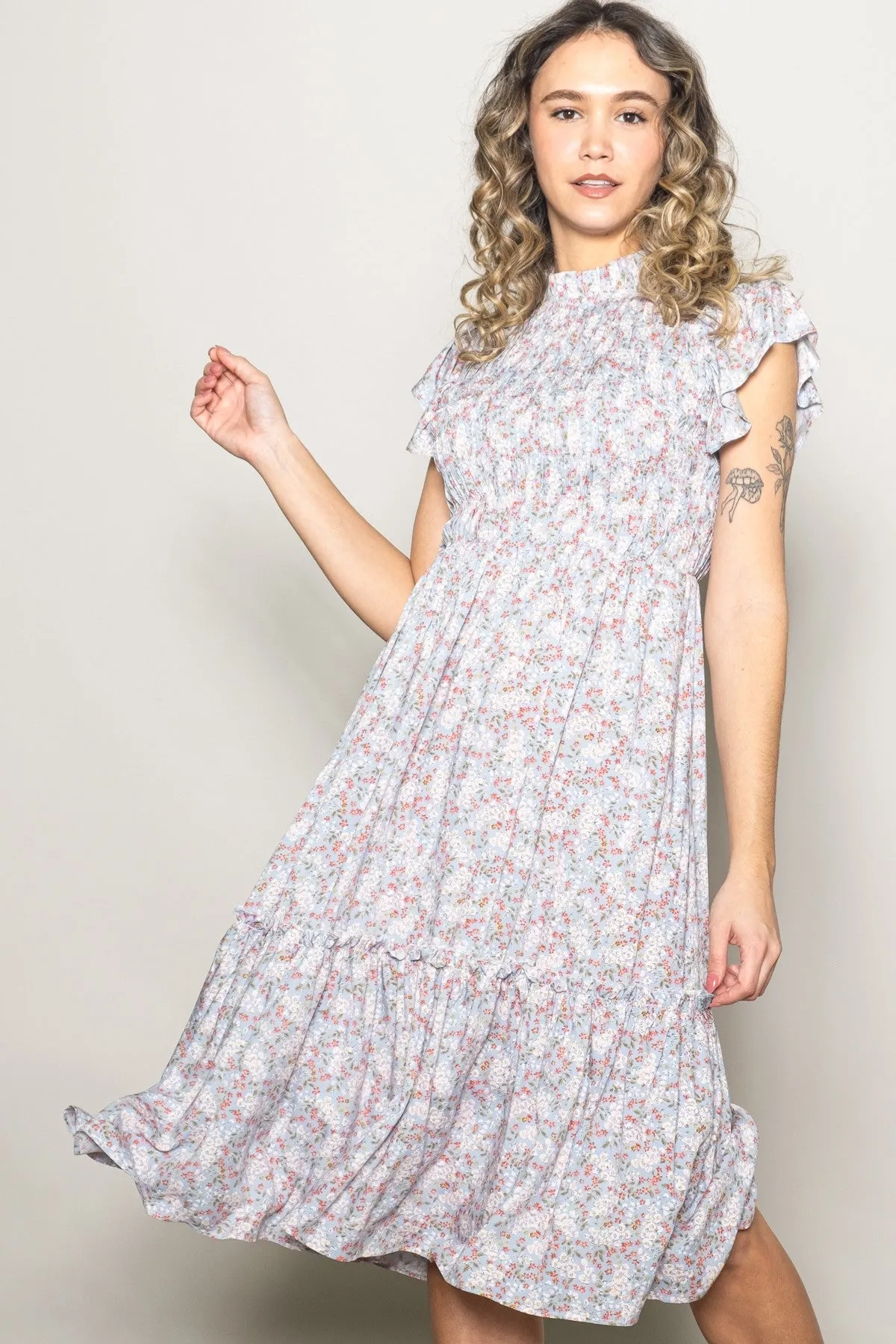 Light Blue Floral Mock Neck Smocked Ruffe Sleeve Maternity Midi Dress sold by Pinkblush product image thumbnail 4