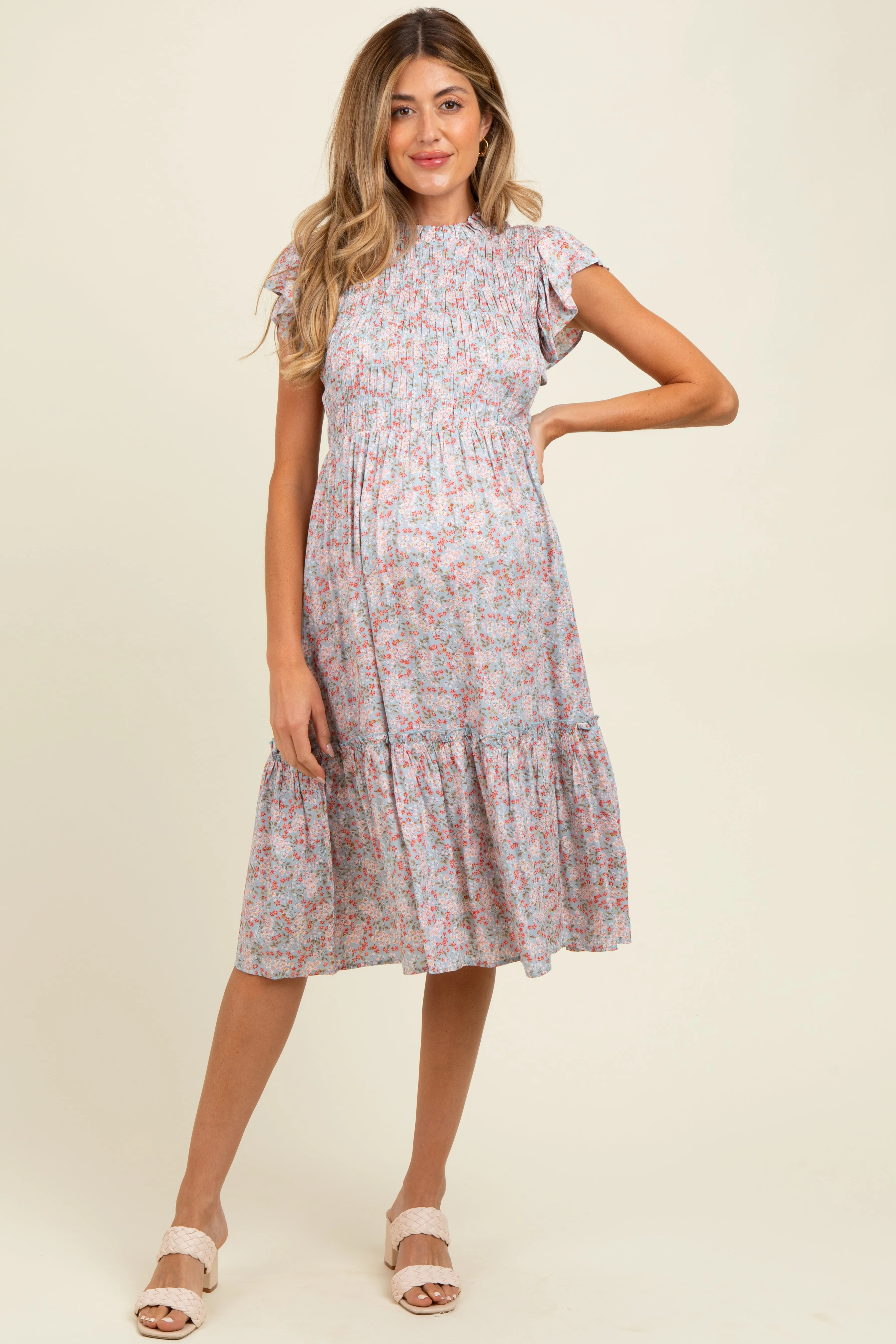 Light Blue Floral Mock Neck Smocked Ruffe Sleeve Maternity Midi Dress sold by Pinkblush