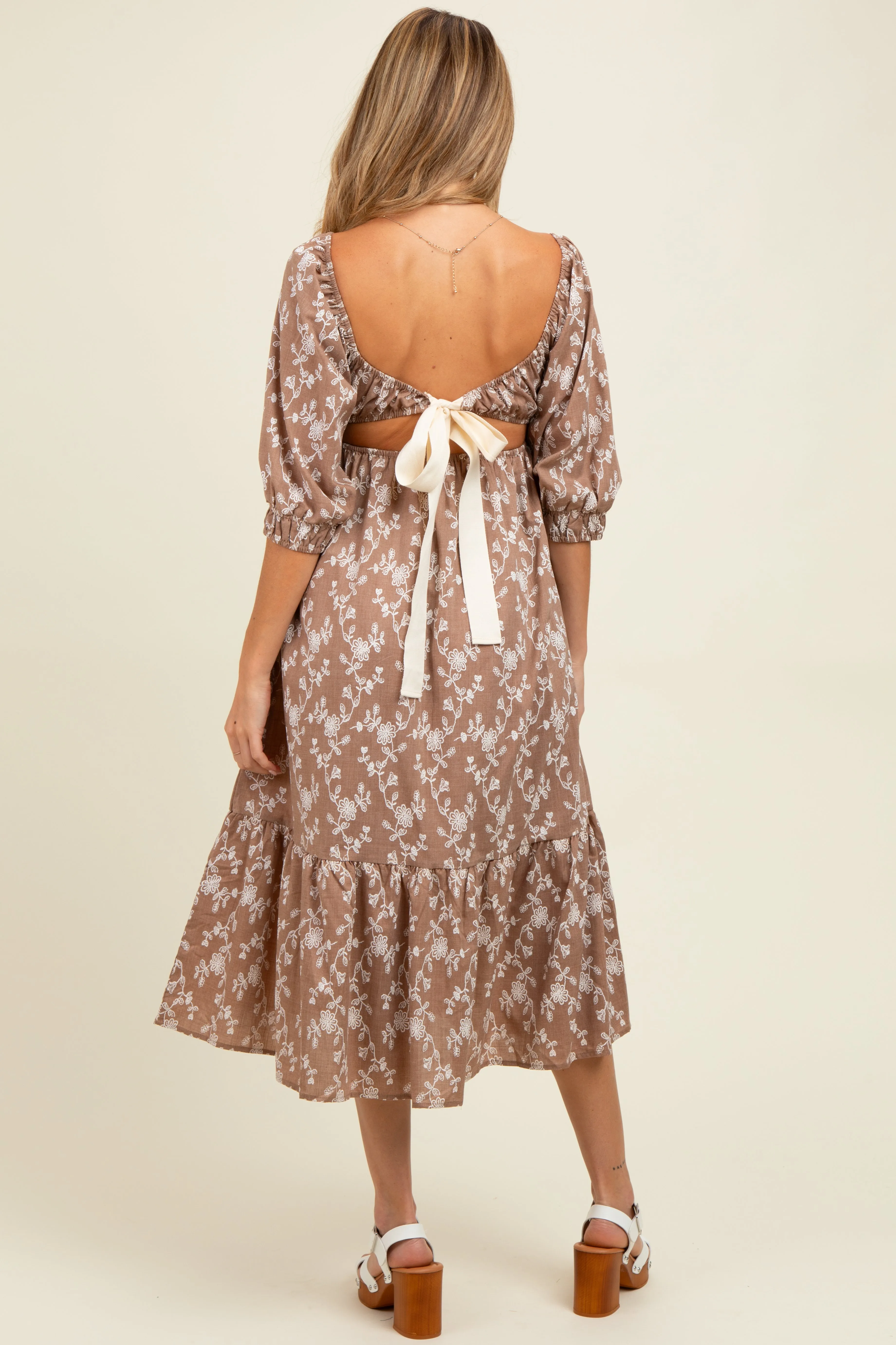 Light Taupe Floral Back Cutout Ribbon Tie Maternity Maxi Dress sold by Pinkblush product image thumbnail 4