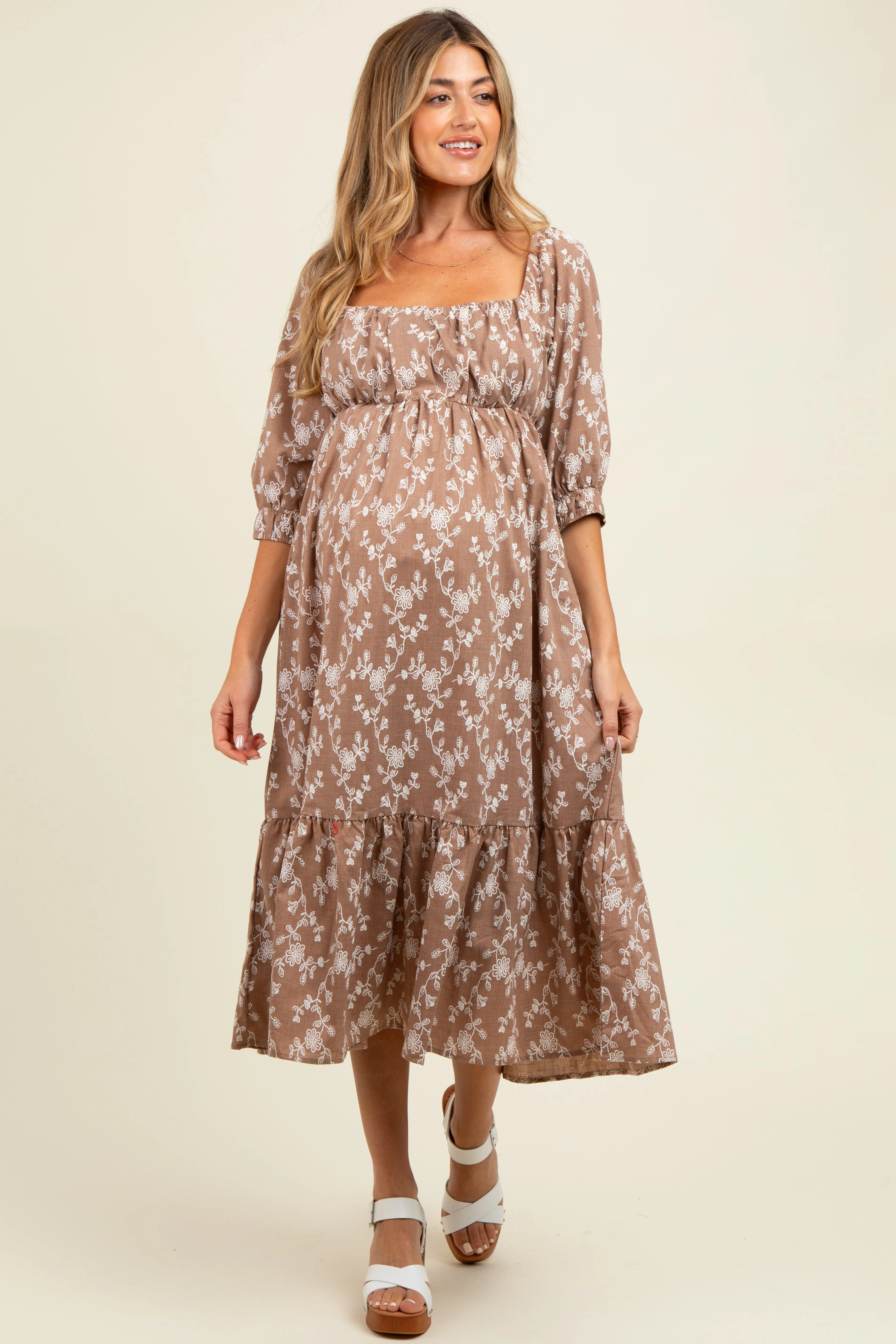 Light Taupe Floral Back Cutout Ribbon Tie Maternity Maxi Dress sold by Pinkblush product image thumbnail 2