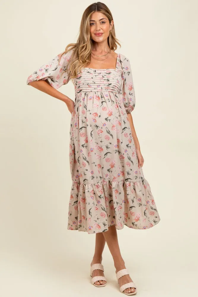 Cream Floral Pleated Bodice 3/4 Sleeve Maternity Midi Dress sold by Pinkblush product image thumbnail 2