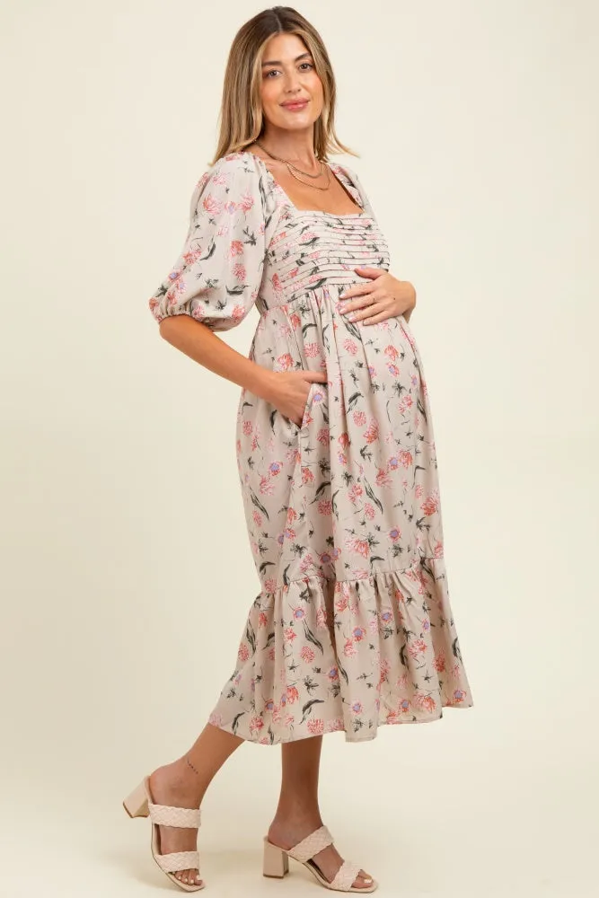Cream Floral Pleated Bodice 3/4 Sleeve Maternity Midi Dress sold by Pinkblush product image thumbnail 3