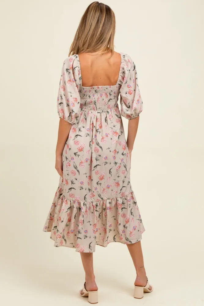 Cream Floral Pleated Bodice 3/4 Sleeve Maternity Midi Dress sold by Pinkblush product image thumbnail 4