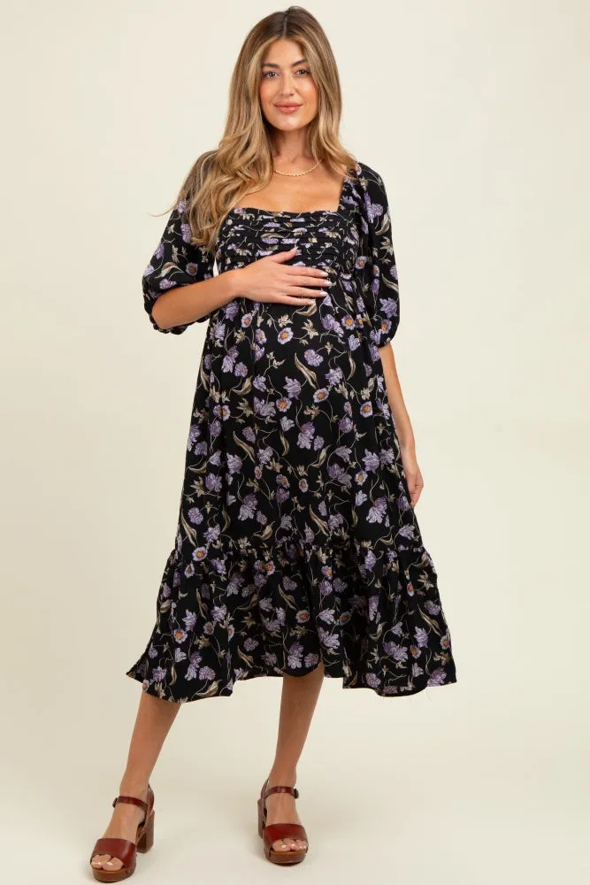 Black Floral Pleated Bodice 3/4 Sleeve Maternity Midi Dress sold by Pinkblush