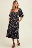 Black Floral Pleated Bodice 3/4 Sleeve Maternity Midi Dress sold by Pinkblush