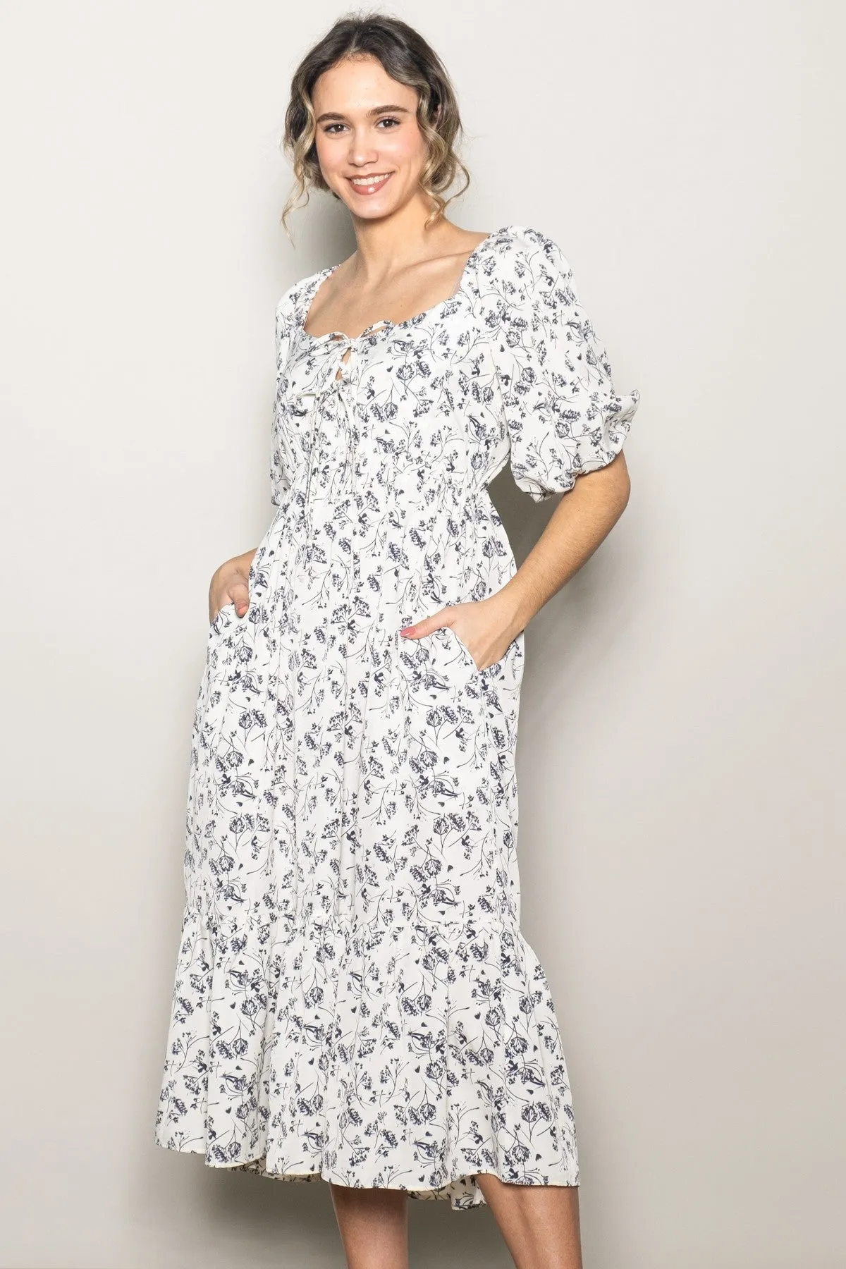 Ivory Floral Front Tie Puff Sleeve Maternity Midi Dress sold by Pinkblush product image thumbnail 4