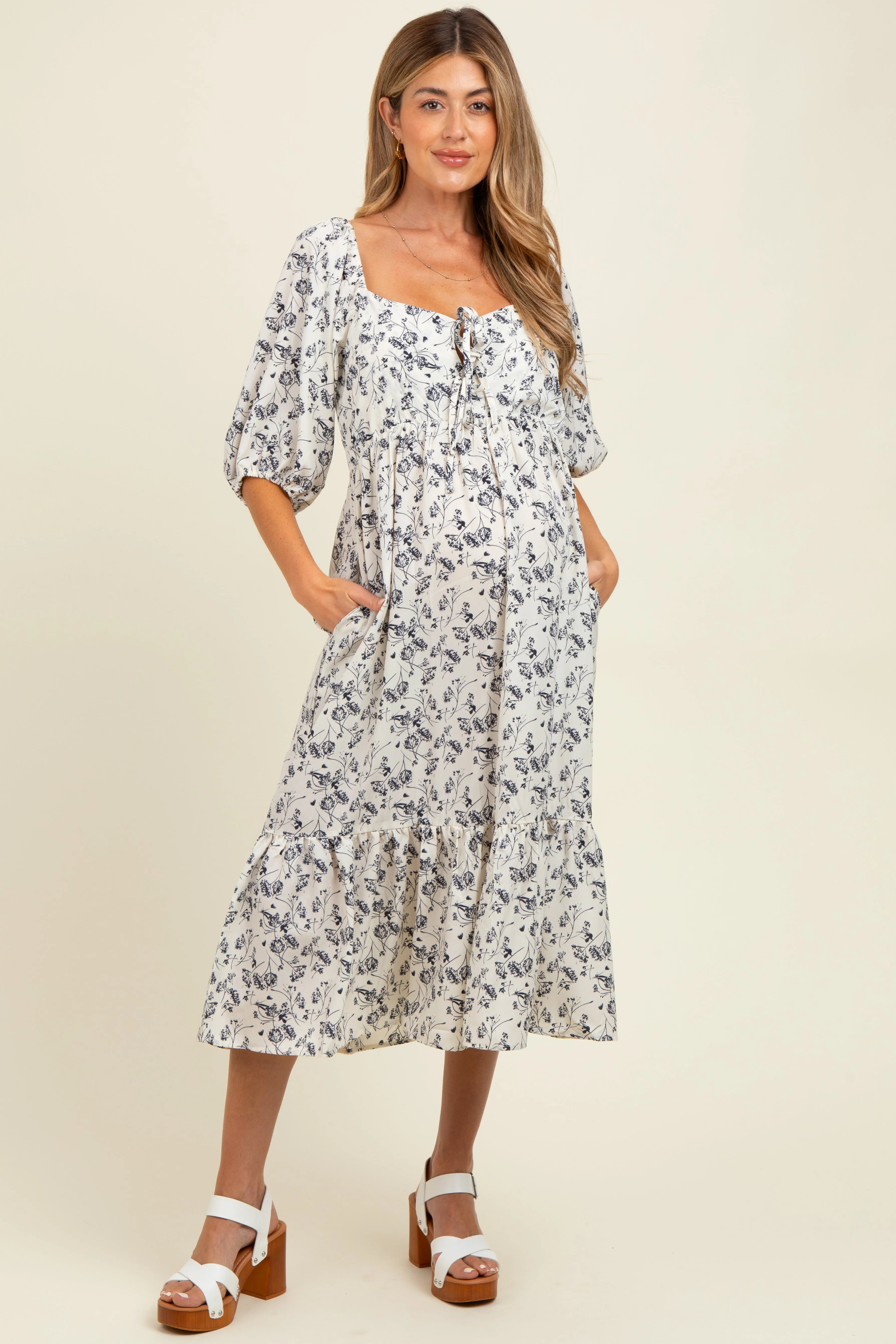 Ivory Floral Front Tie Puff Sleeve Maternity Midi Dress sold by Pinkblush product image thumbnail 2