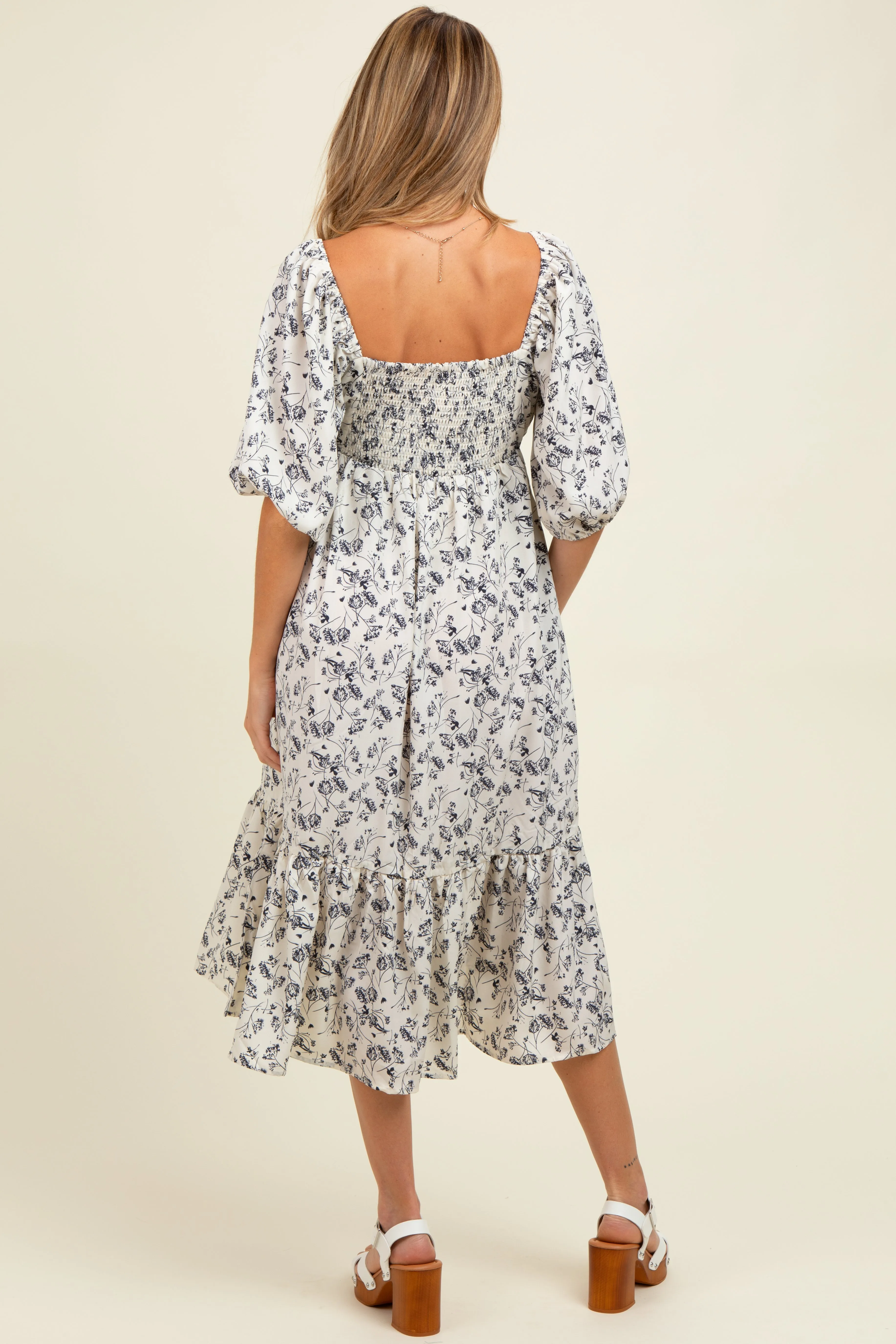 Ivory Floral Front Tie Puff Sleeve Maternity Midi Dress sold by Pinkblush product image thumbnail 3