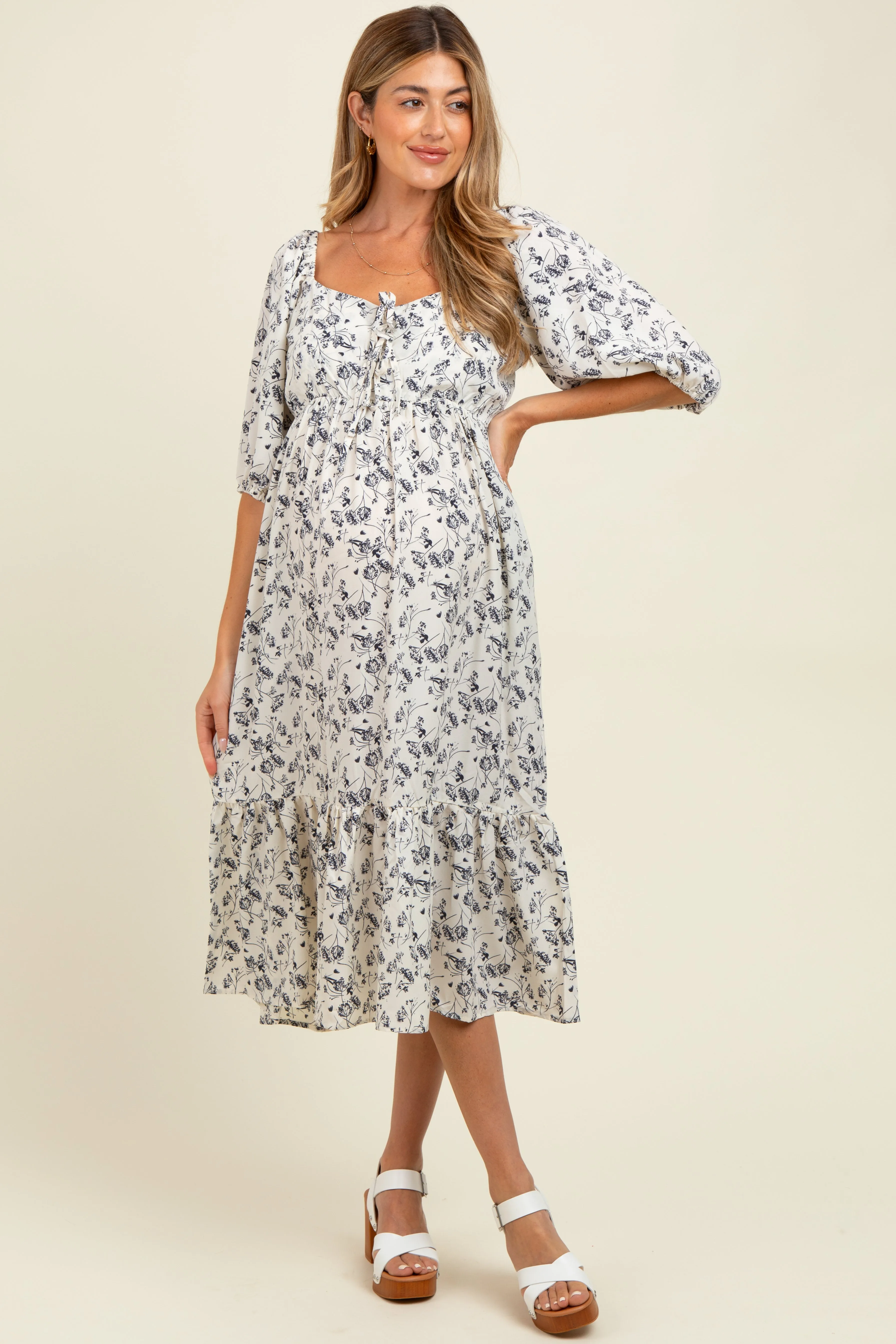 Ivory Floral Front Tie Puff Sleeve Maternity Midi Dress sold by Pinkblush