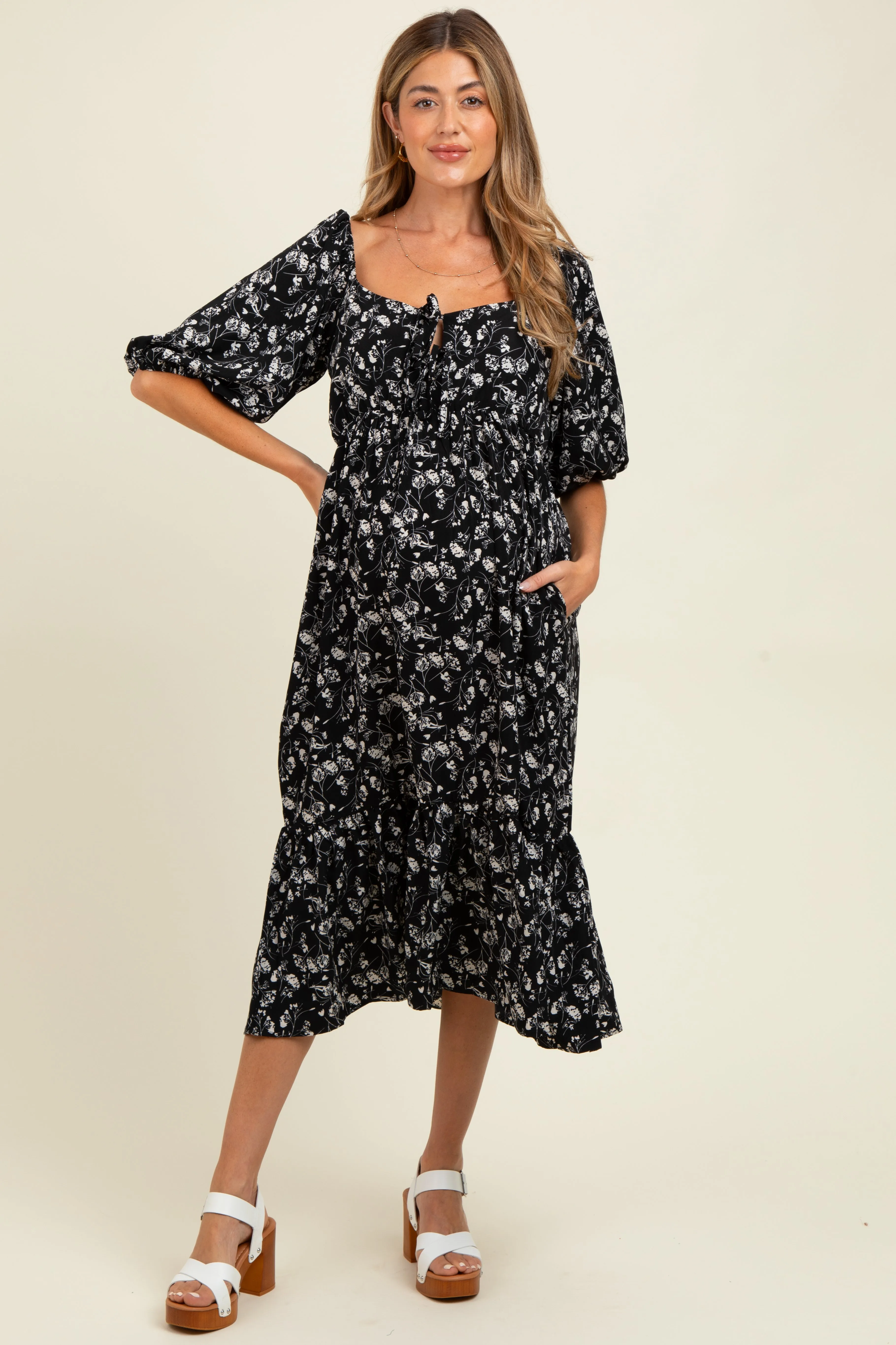 Black Floral Front Tie Puff Sleeve Maternity Midi Dress sold by Pinkblush product image thumbnail 2