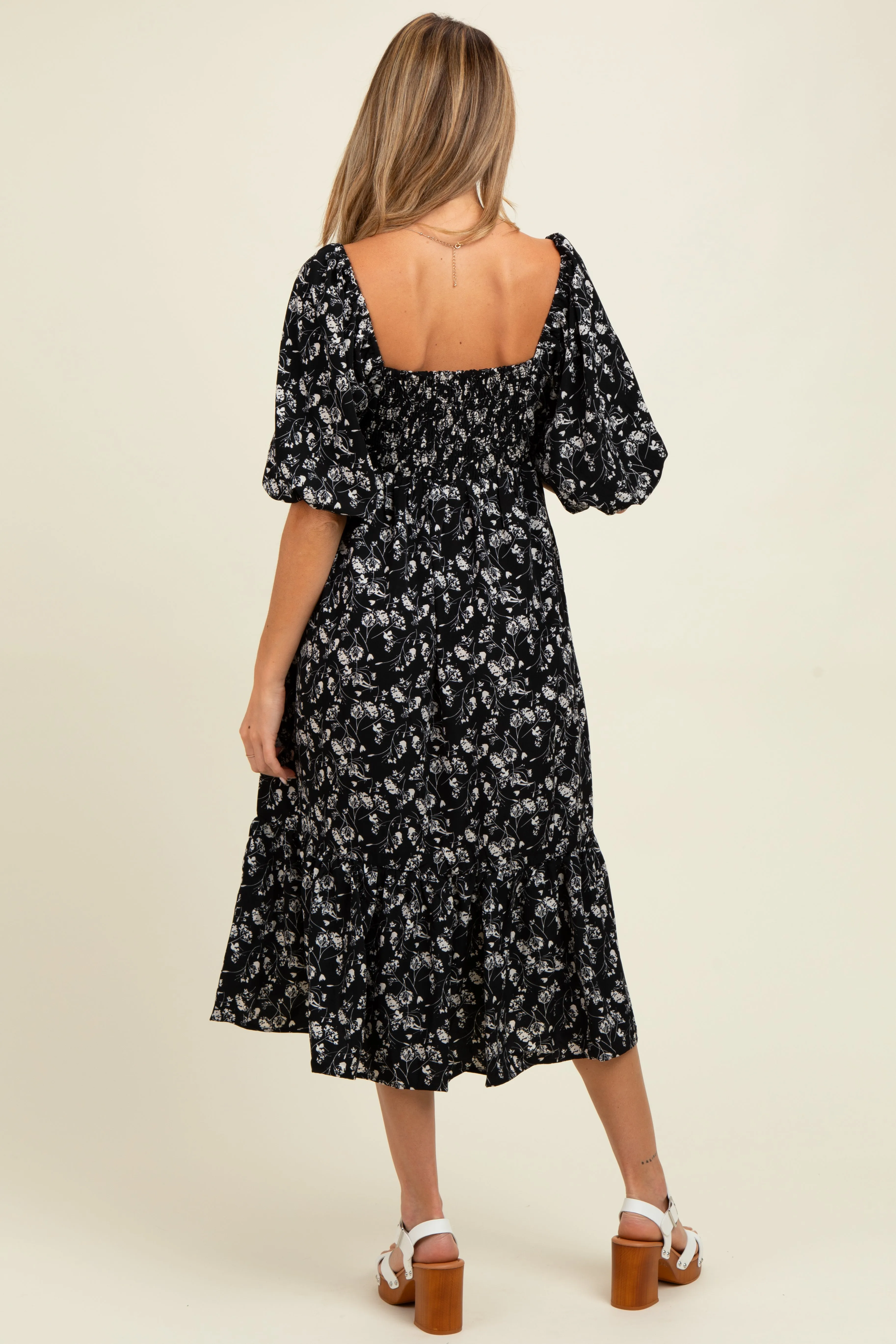 Black Floral Front Tie Puff Sleeve Maternity Midi Dress sold by Pinkblush product image thumbnail 3