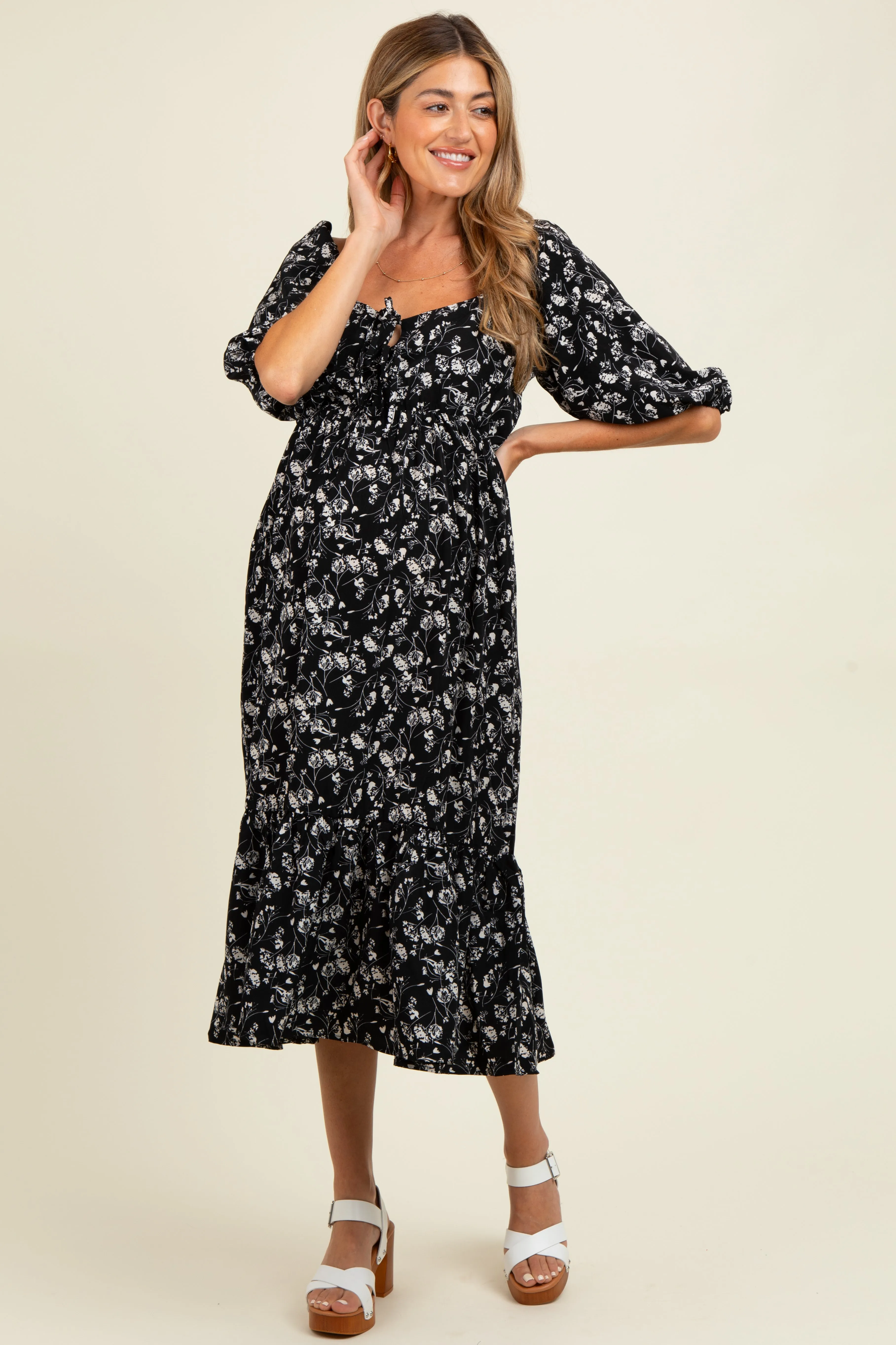 Black Floral Front Tie Puff Sleeve Maternity Midi Dress sold by Pinkblush