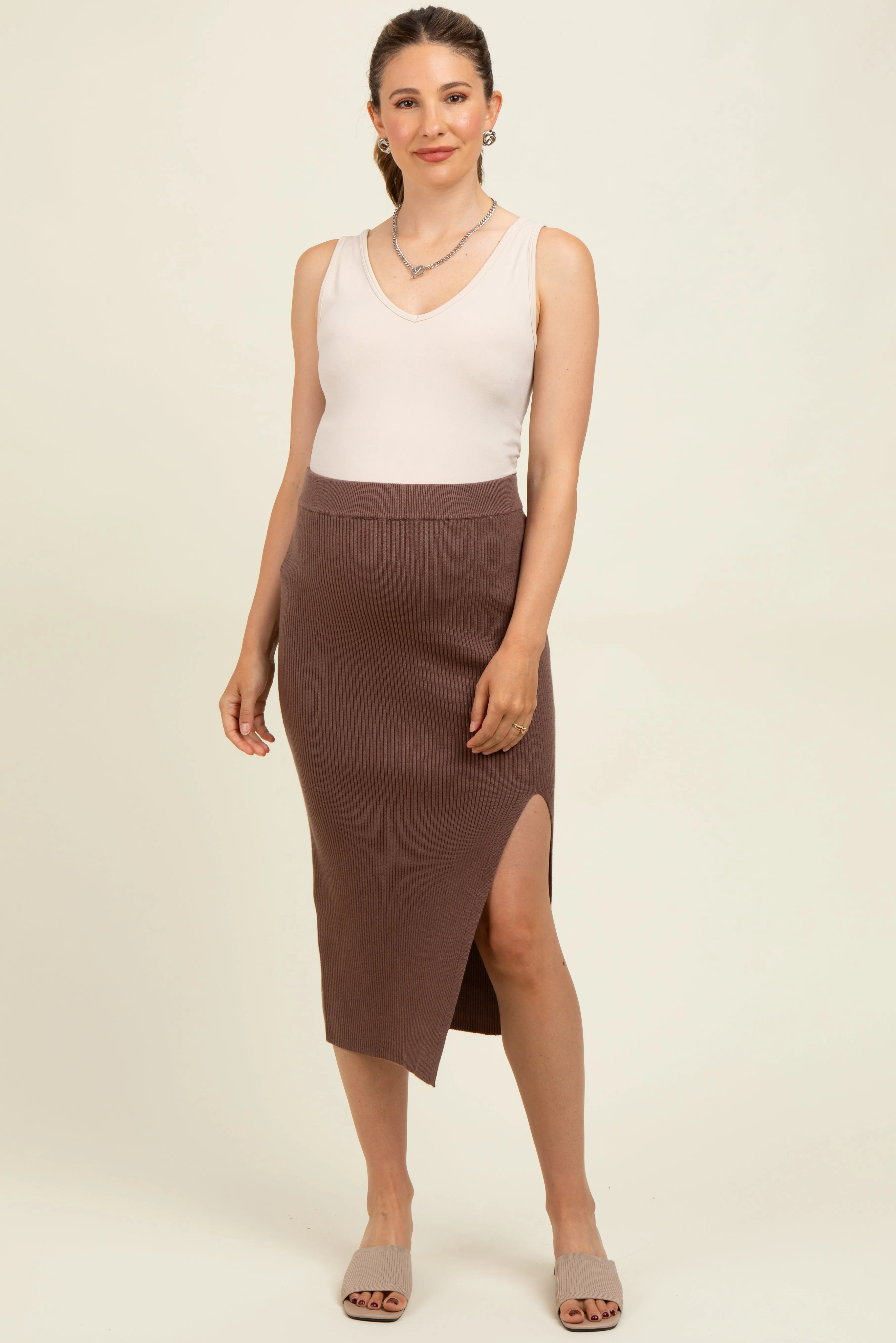 Mocha Ribbed Knit Side Slit Maternity Midi Skirt sold by Pinkblush