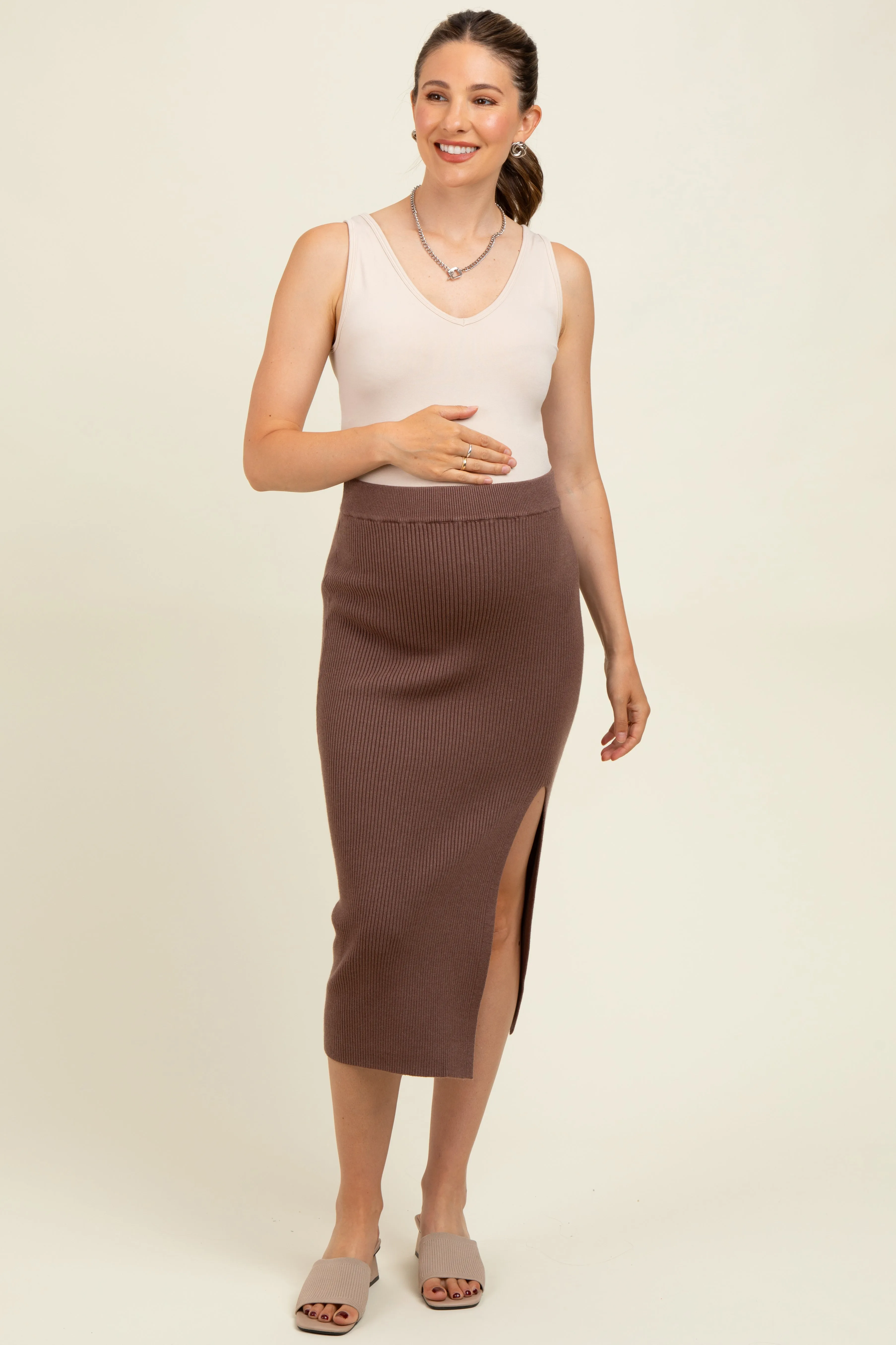 Mocha Ribbed Knit Side Slit Maternity Midi Skirt sold by Pinkblush product image thumbnail 2