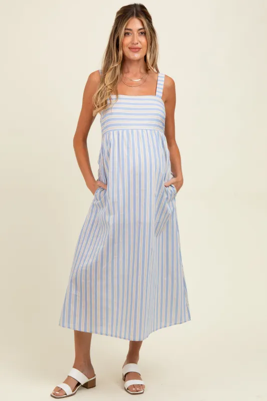 Blue Striped Sleeveless Maternity Midi Dress sold by Pinkblush